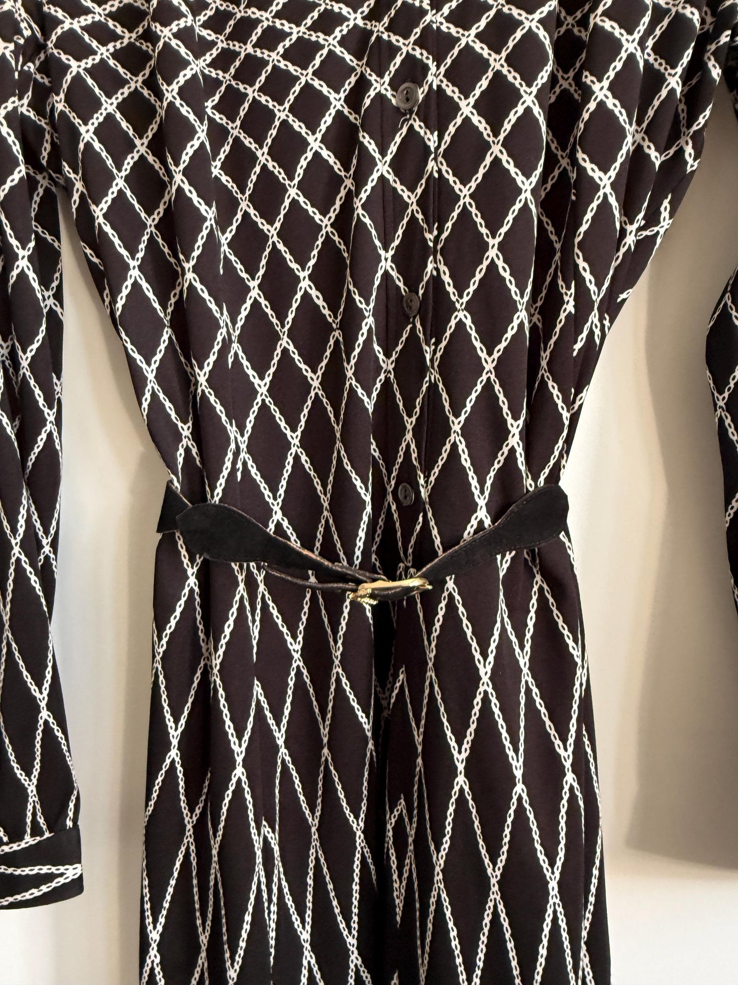 Vintage Giovannozzi Made in Italy Shirt Dress Black & White Chain Print Midi Dress Belted Italian Dress 1980s Designer Dress Smart Vintage