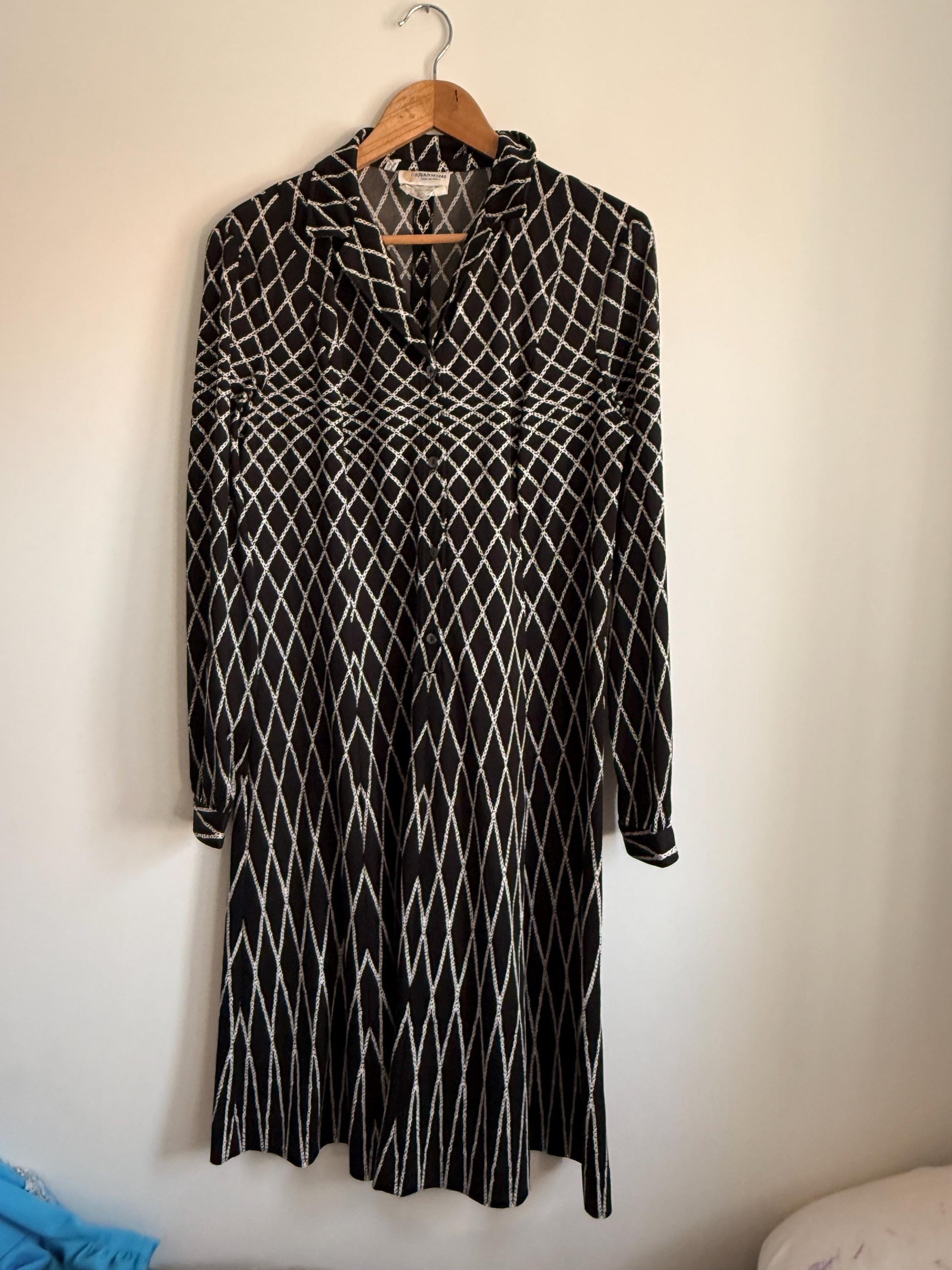 Vintage Giovannozzi Made in Italy Shirt Dress Black & White Chain Print Midi Dress Belted Italian Dress 1980s Designer Dress Smart Vintage