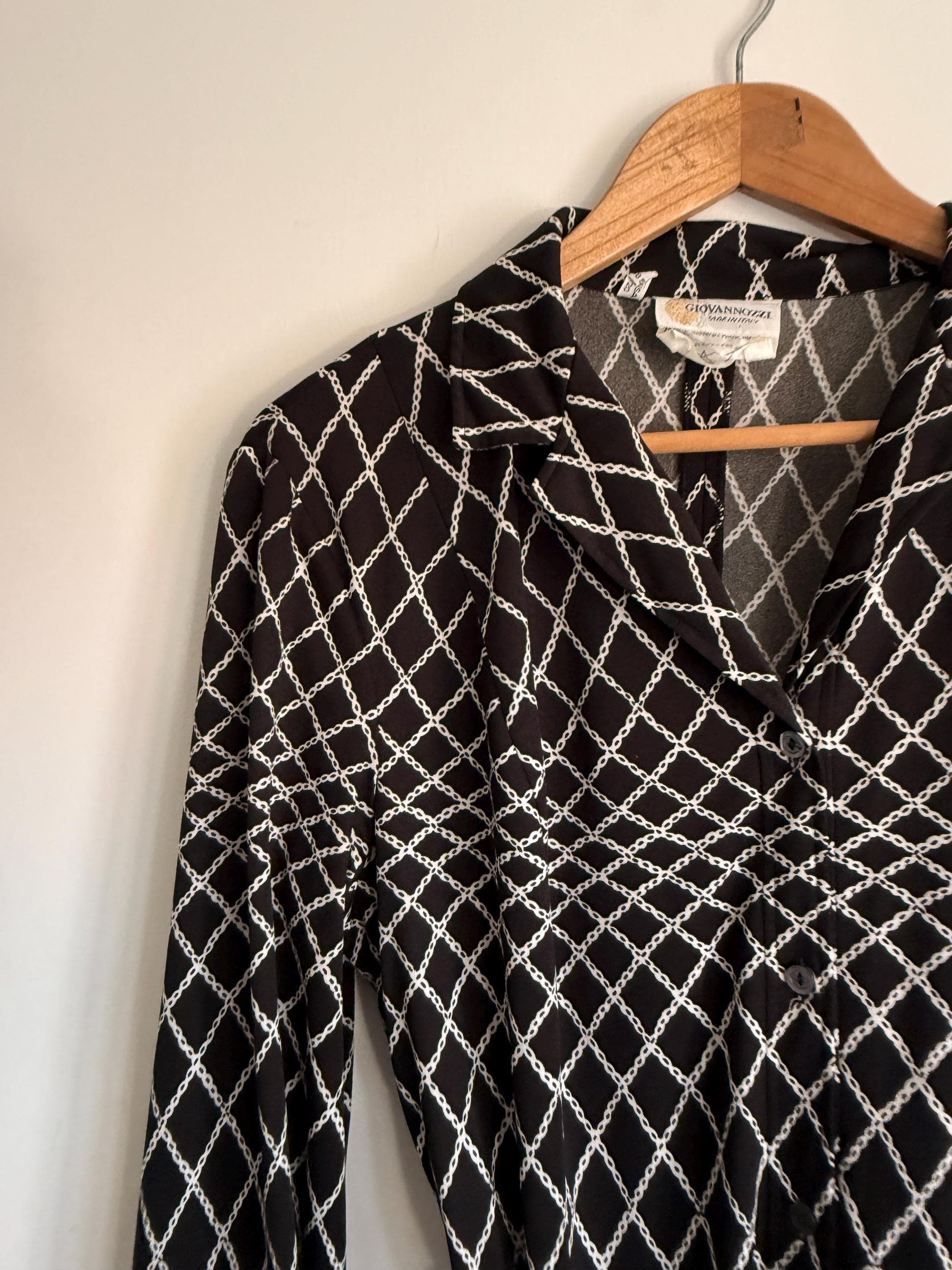 Vintage Giovannozzi Made in Italy Shirt Dress Black & White Chain Print Midi Dress Belted Italian Dress 1980s Designer Dress Smart Vintage