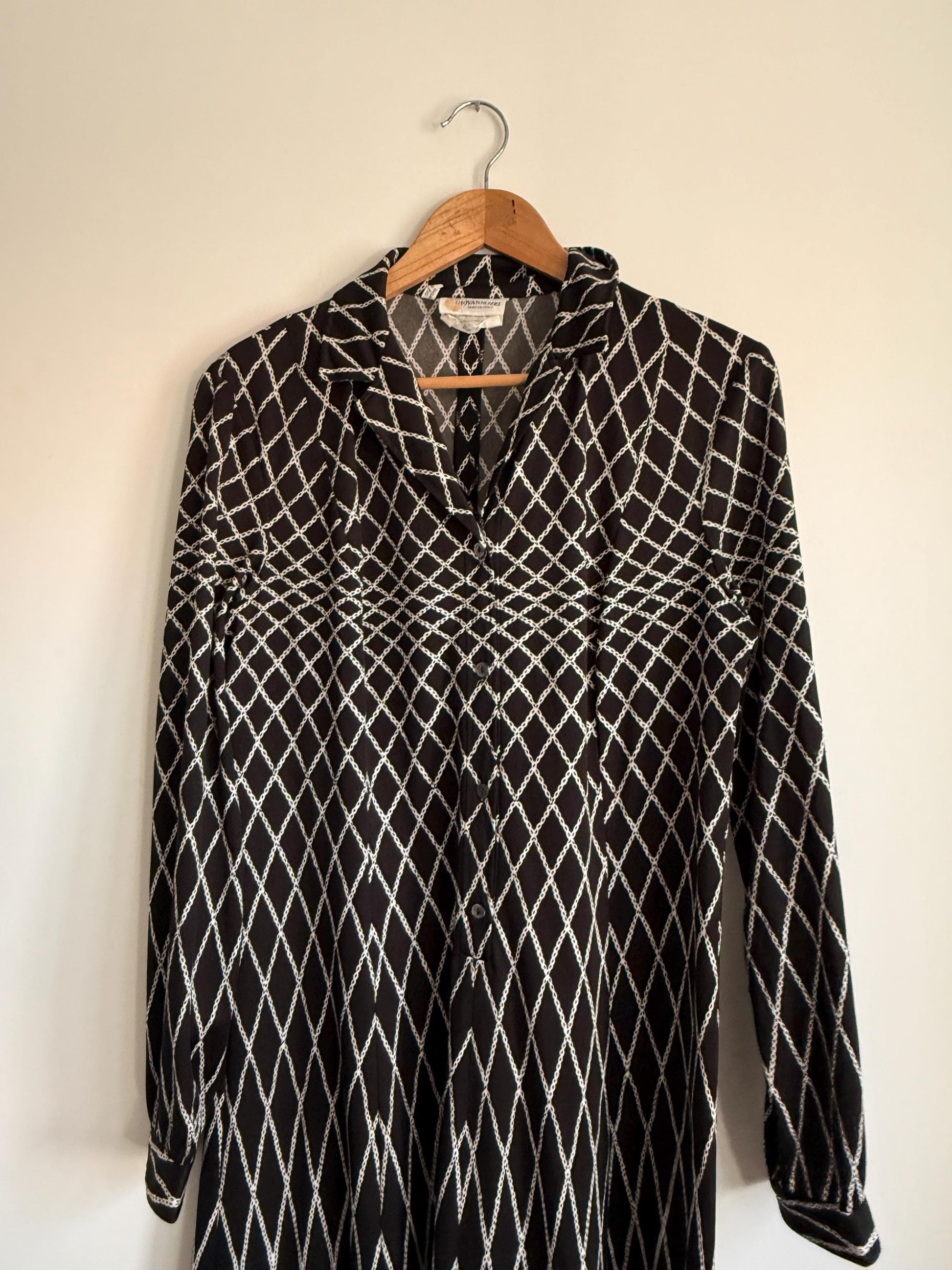 Vintage Giovannozzi Made in Italy Shirt Dress Black & White Chain Print Midi Dress Belted Italian Dress 1980s Designer Dress Smart Vintage