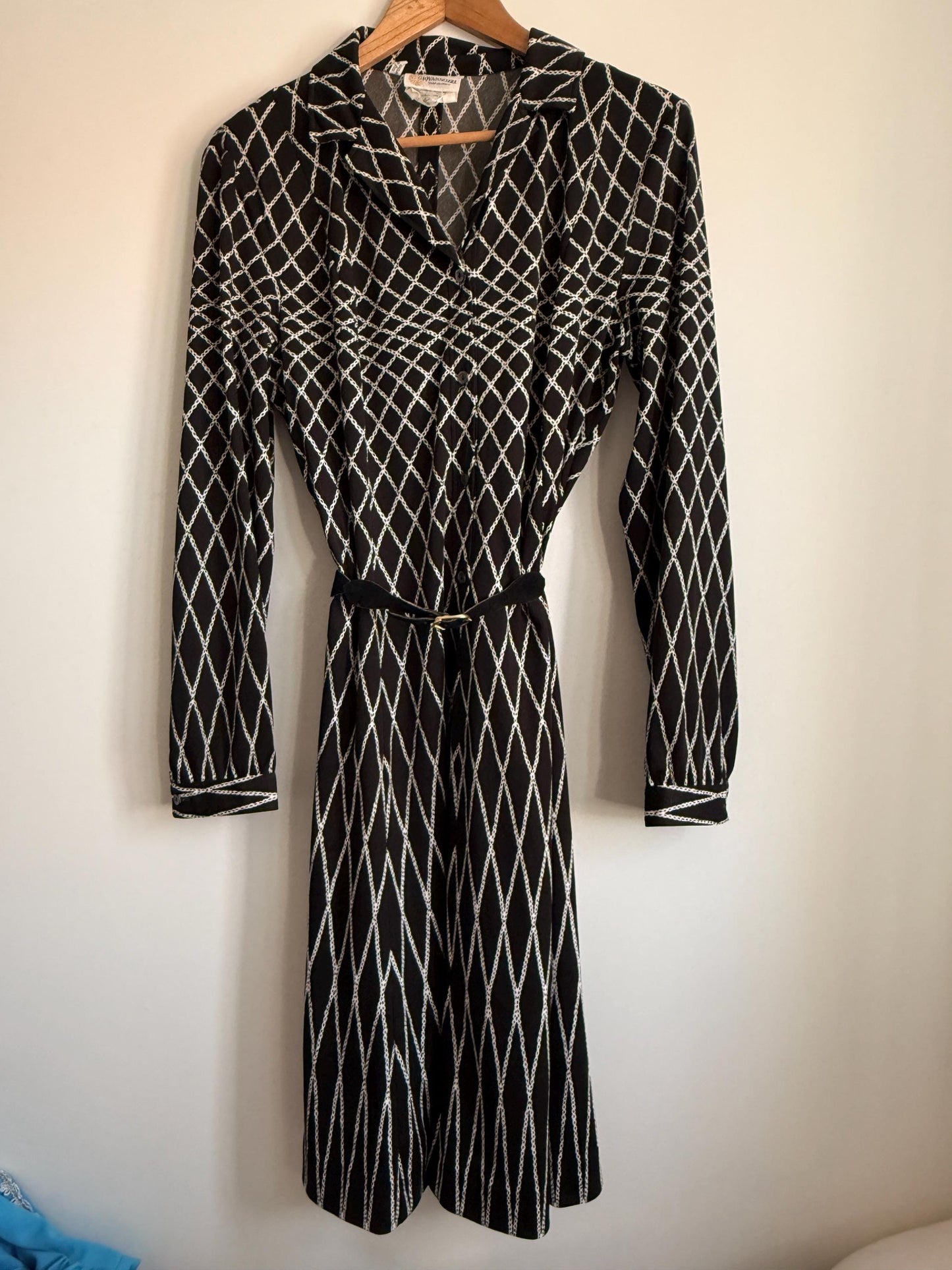 Vintage Giovannozzi Made in Italy Shirt Dress Black & White Chain Print Midi Dress Belted Italian Dress 1980s Designer Dress Smart Vintage