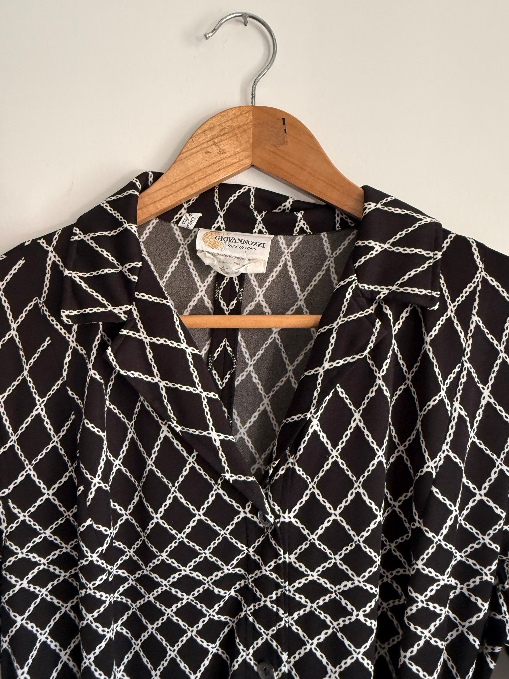 Vintage Giovannozzi Made in Italy Shirt Dress Black & White Chain Print Midi Dress Belted Italian Dress 1980s Designer Dress Smart Vintage