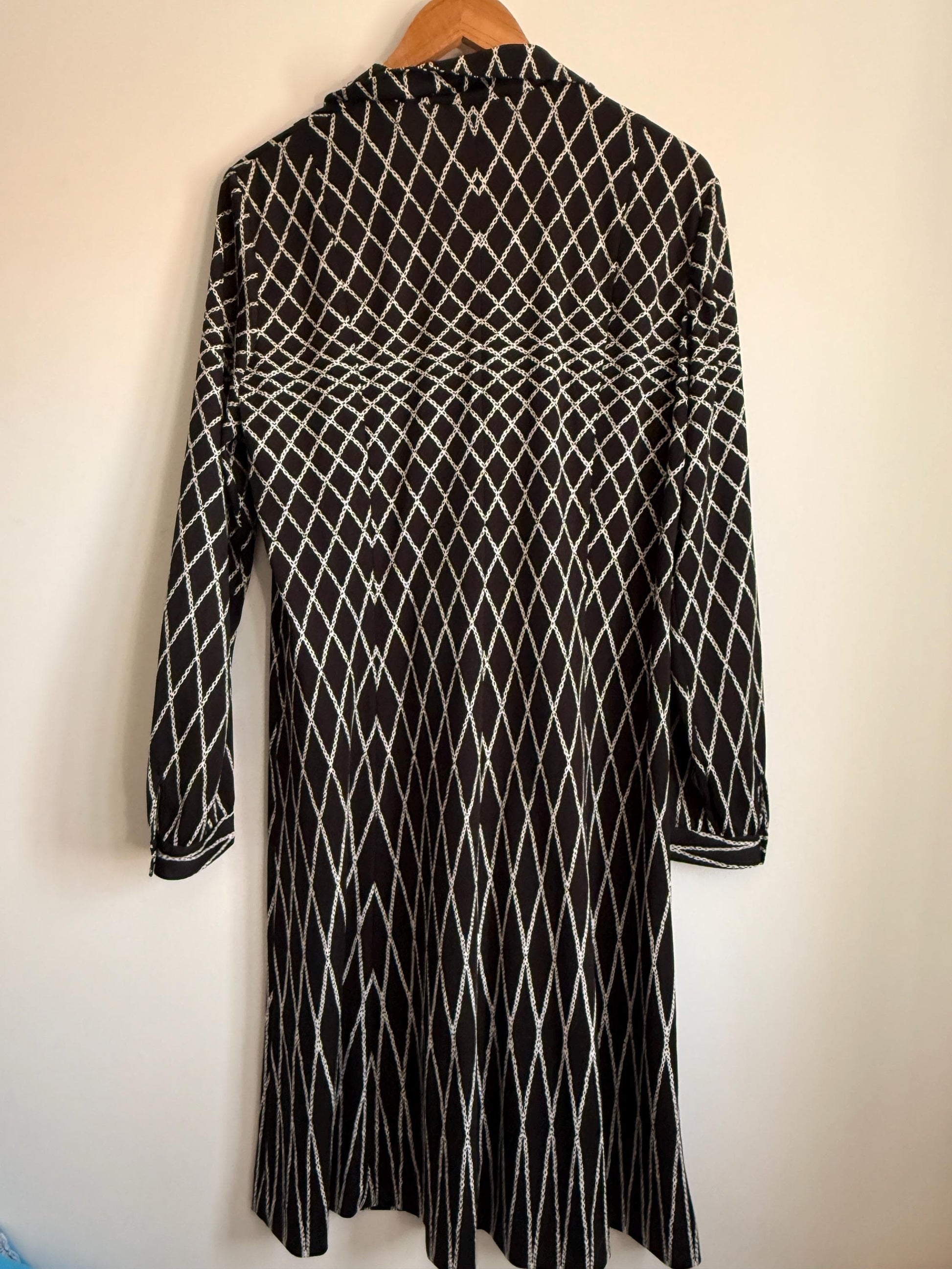 Vintage Giovannozzi Made in Italy Shirt Dress Black & White Chain Print Midi Dress Belted Italian Dress 1980s Designer Dress Smart Vintage