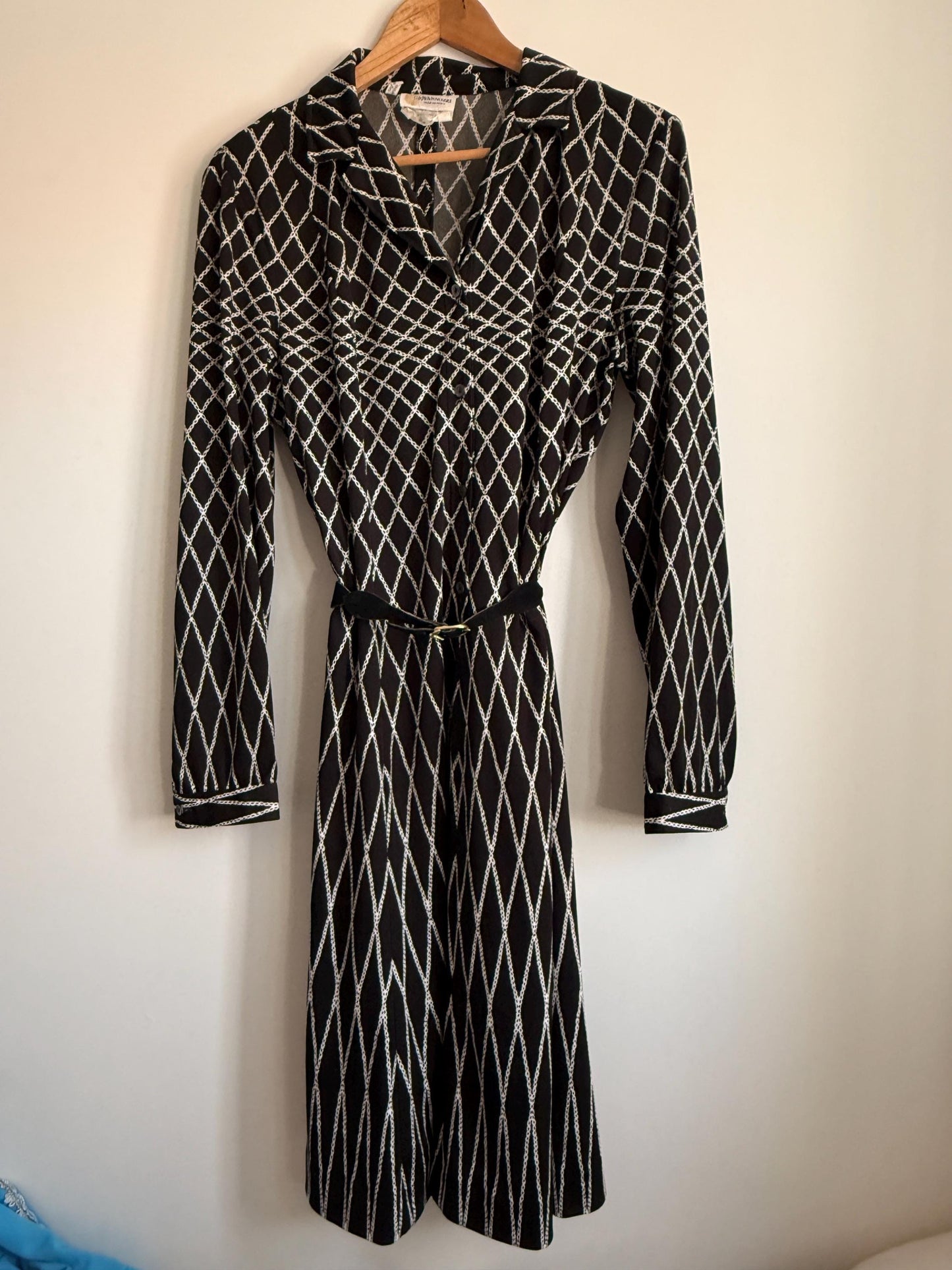 Vintage Giovannozzi Made in Italy Shirt Dress Black & White Chain Print Midi Dress Belted Italian Dress 1980s Designer Dress Smart Vintage