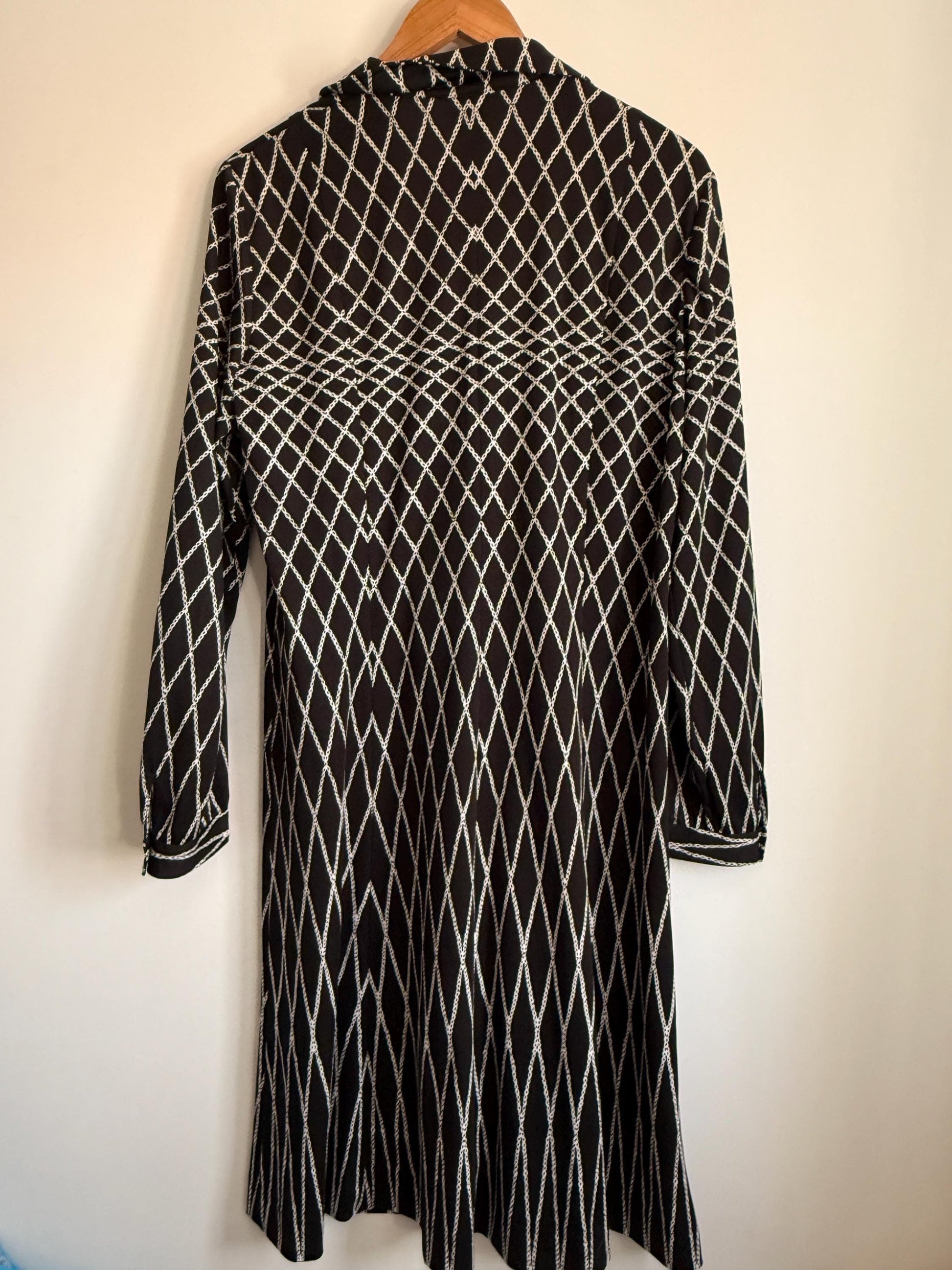 Vintage Giovannozzi Made in Italy Shirt Dress Black & White Chain Print Midi Dress Belted Italian Dress 1980s Designer Dress Smart Vintage