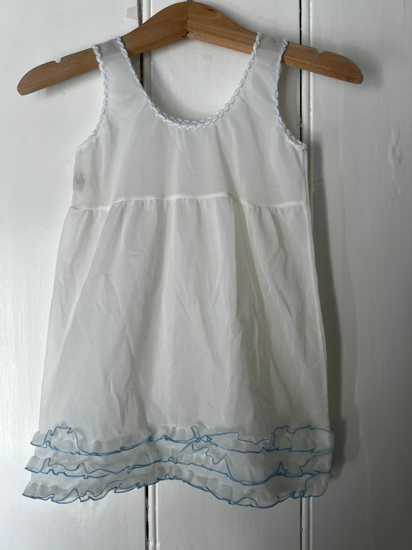 Vintage Girls Dress - white and blue nylon Dress Baby Dress age 2-3 years