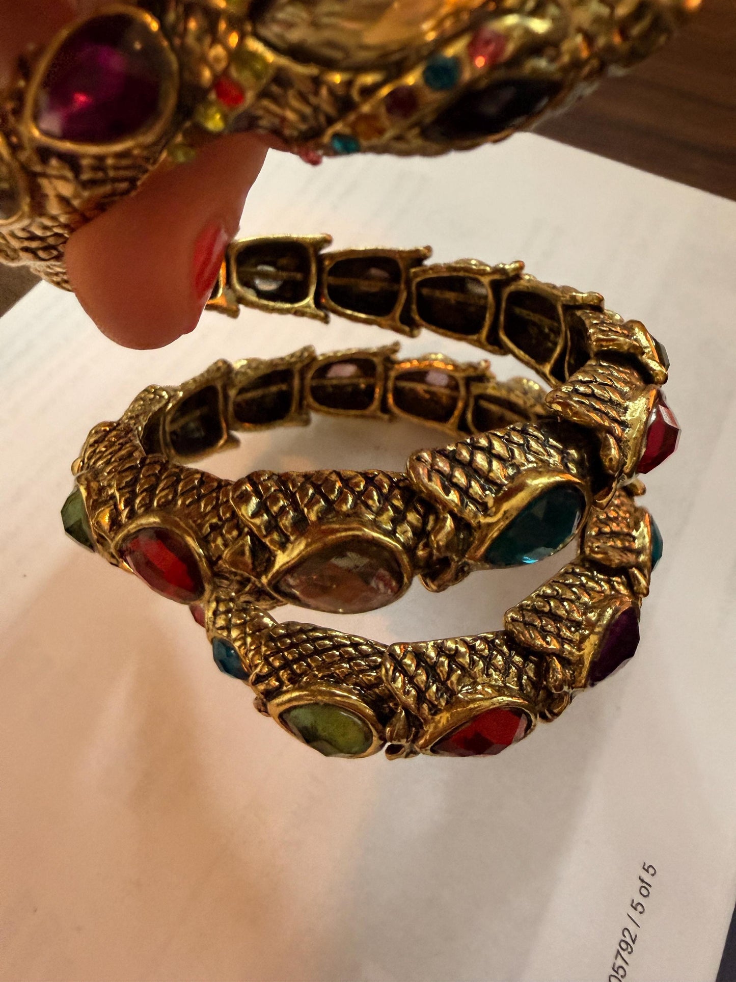 Vintage Gold Tone Dragon Coil Bracelet – Multicolour Crystal Serpent Wrap Bangle – Statement Costume Jewellery