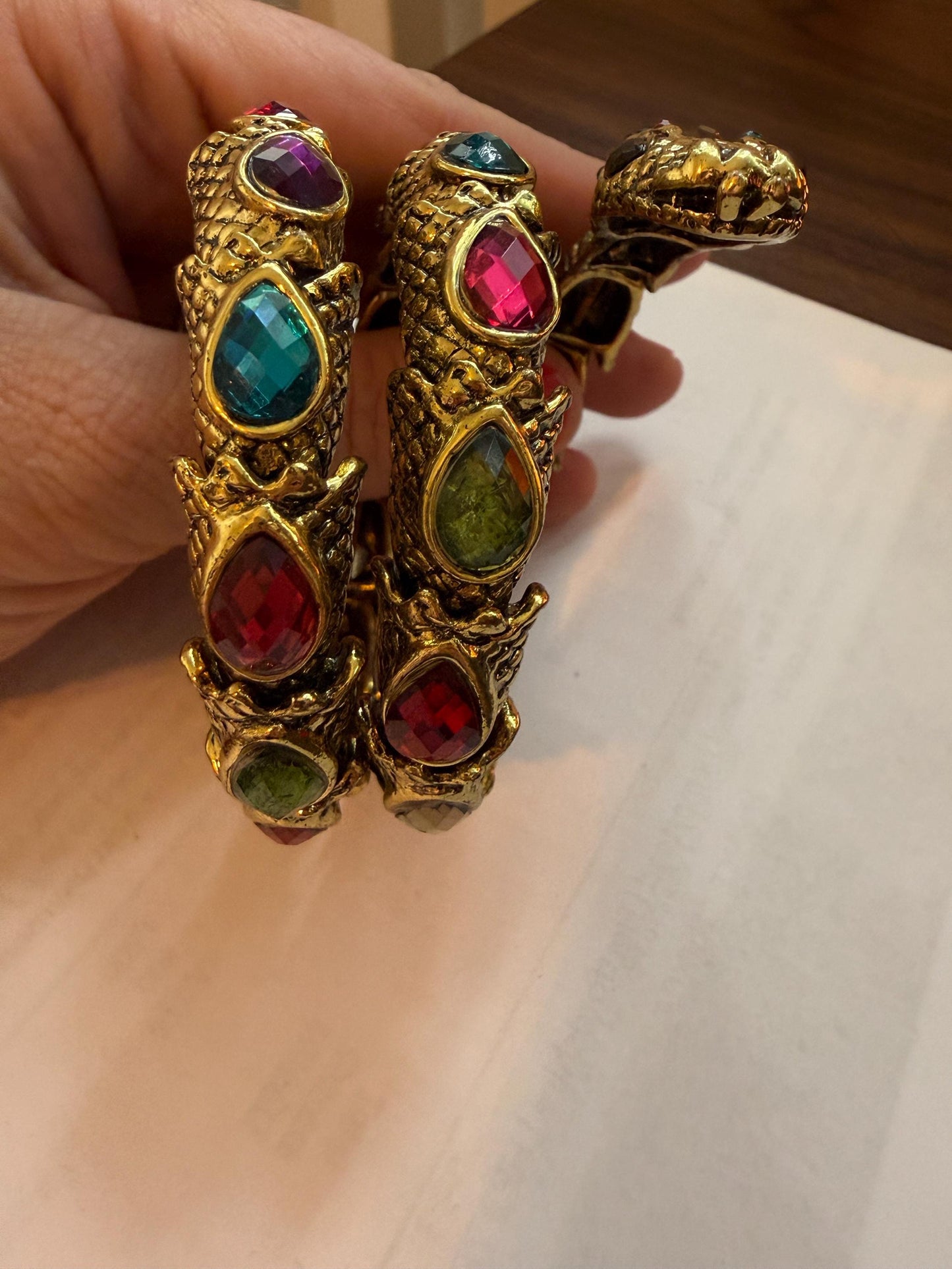 Vintage Gold Tone Dragon Coil Bracelet – Multicolour Crystal Serpent Wrap Bangle – Statement Costume Jewellery