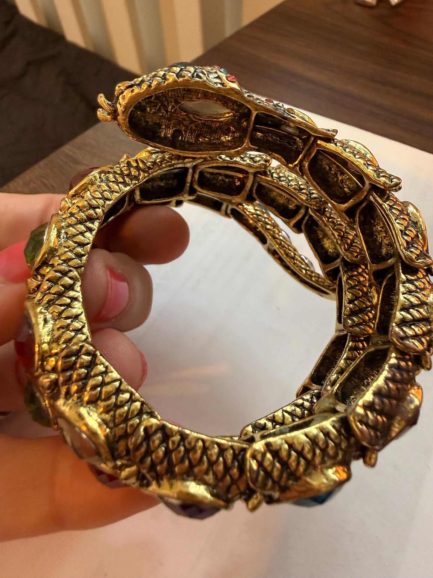 Vintage Gold Tone Dragon Coil Bracelet – Multicolour Crystal Serpent Wrap Bangle – Statement Costume Jewellery