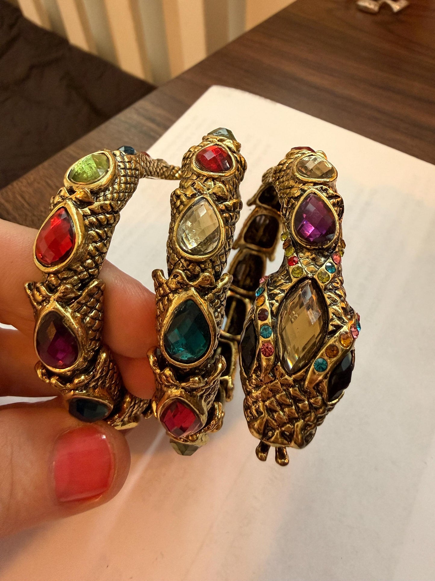 Vintage Gold Tone Dragon Coil Bracelet – Multicolour Crystal Serpent Wrap Bangle – Statement Costume Jewellery
