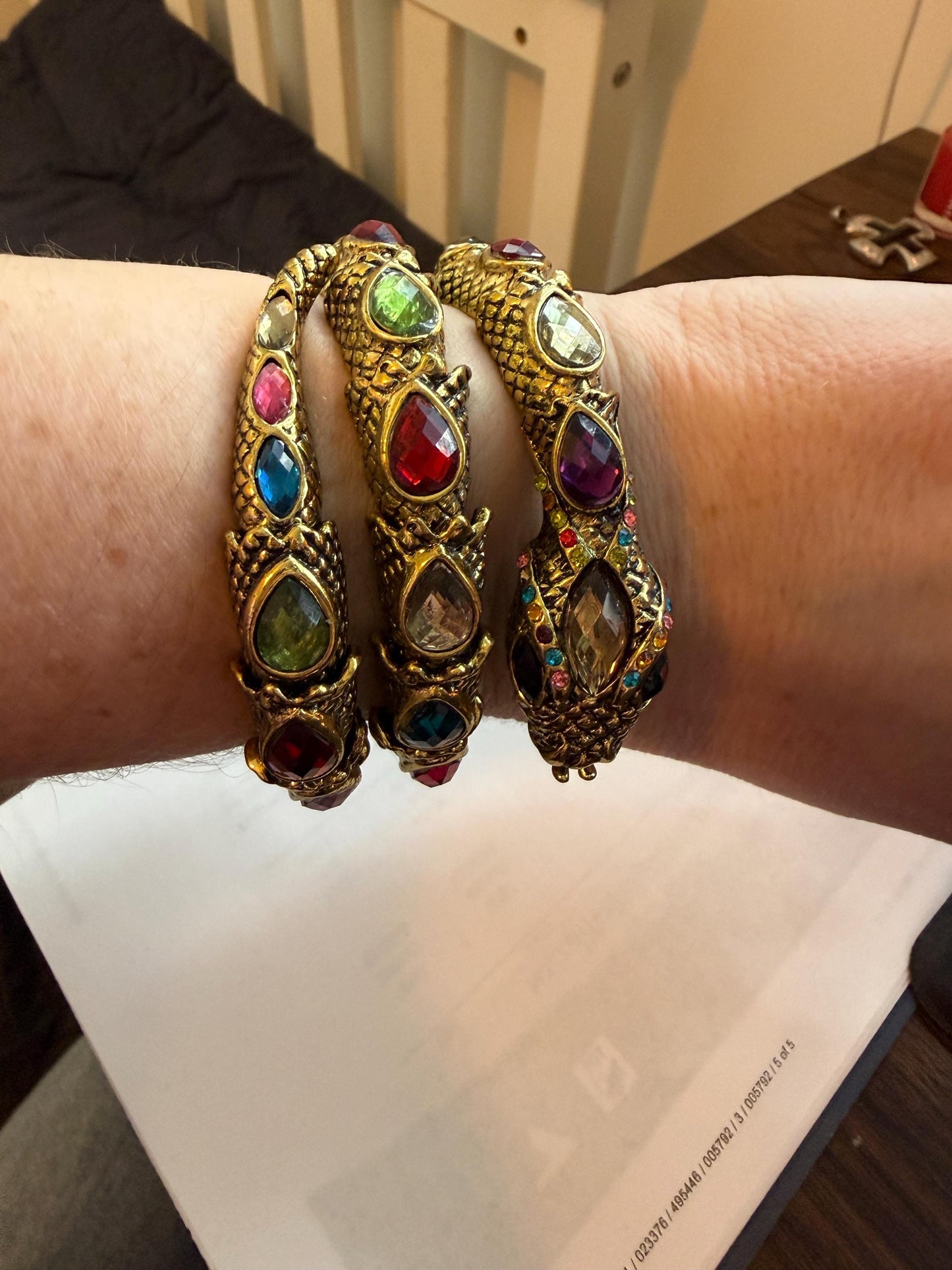 Vintage Gold Tone Dragon Coil Bracelet – Multicolour Crystal Serpent Wrap Bangle – Statement Costume Jewellery