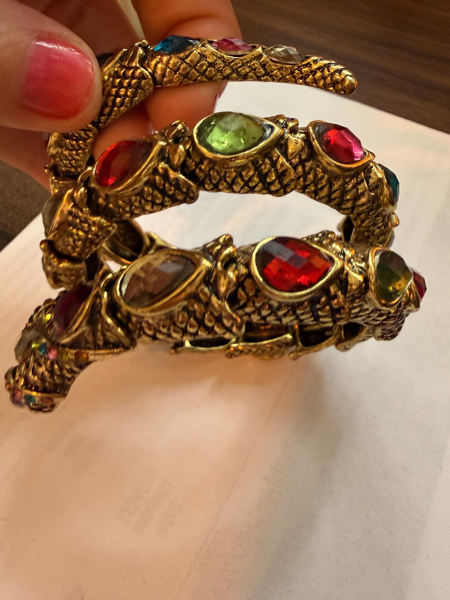 Vintage Gold Tone Dragon Coil Bracelet – Multicolour Crystal Serpent Wrap Bangle – Statement Costume Jewellery