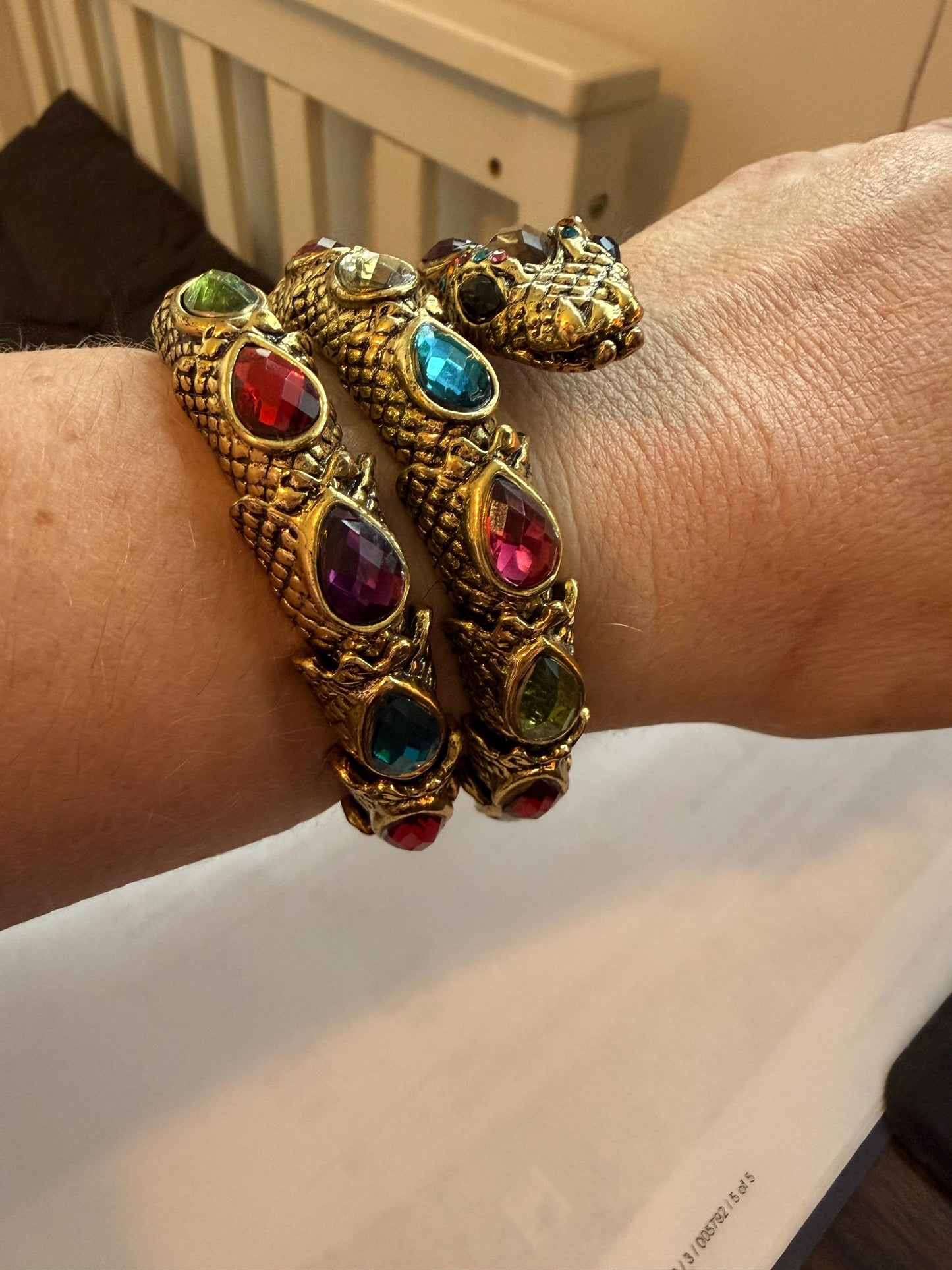 Vintage Gold Tone Dragon Coil Bracelet – Multicolour Crystal Serpent Wrap Bangle – Statement Costume Jewellery