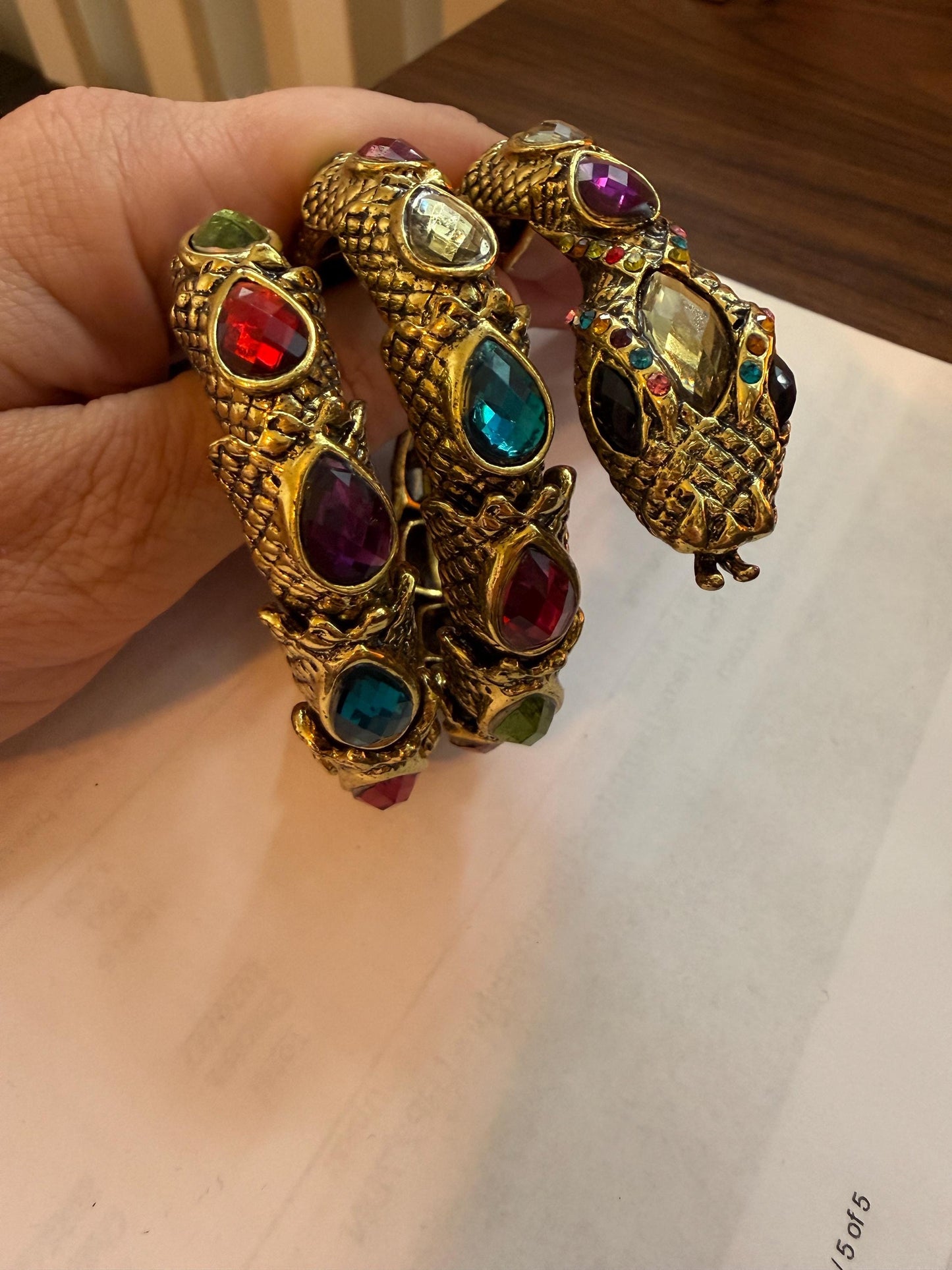Vintage Gold Tone Dragon Coil Bracelet – Multicolour Crystal Serpent Wrap Bangle – Statement Costume Jewellery