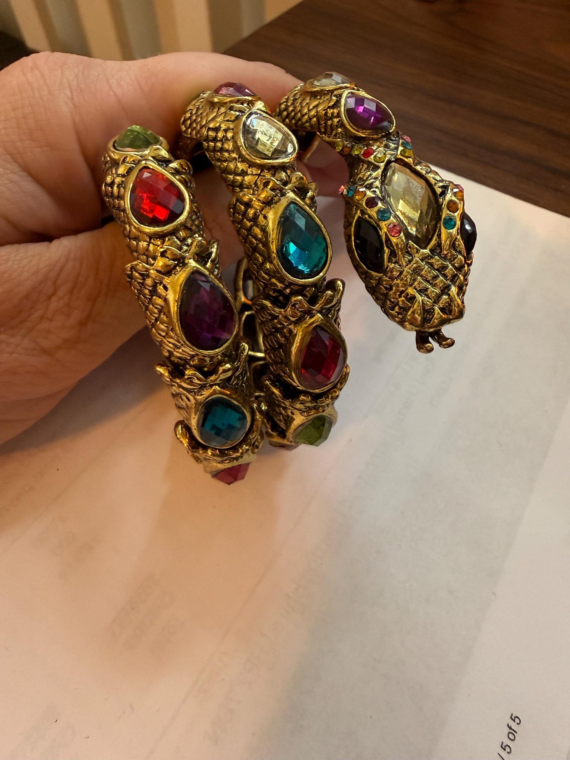 Vintage Gold Tone Dragon Coil Bracelet – Multicolour Crystal Serpent Wrap Bangle – Statement Costume Jewellery