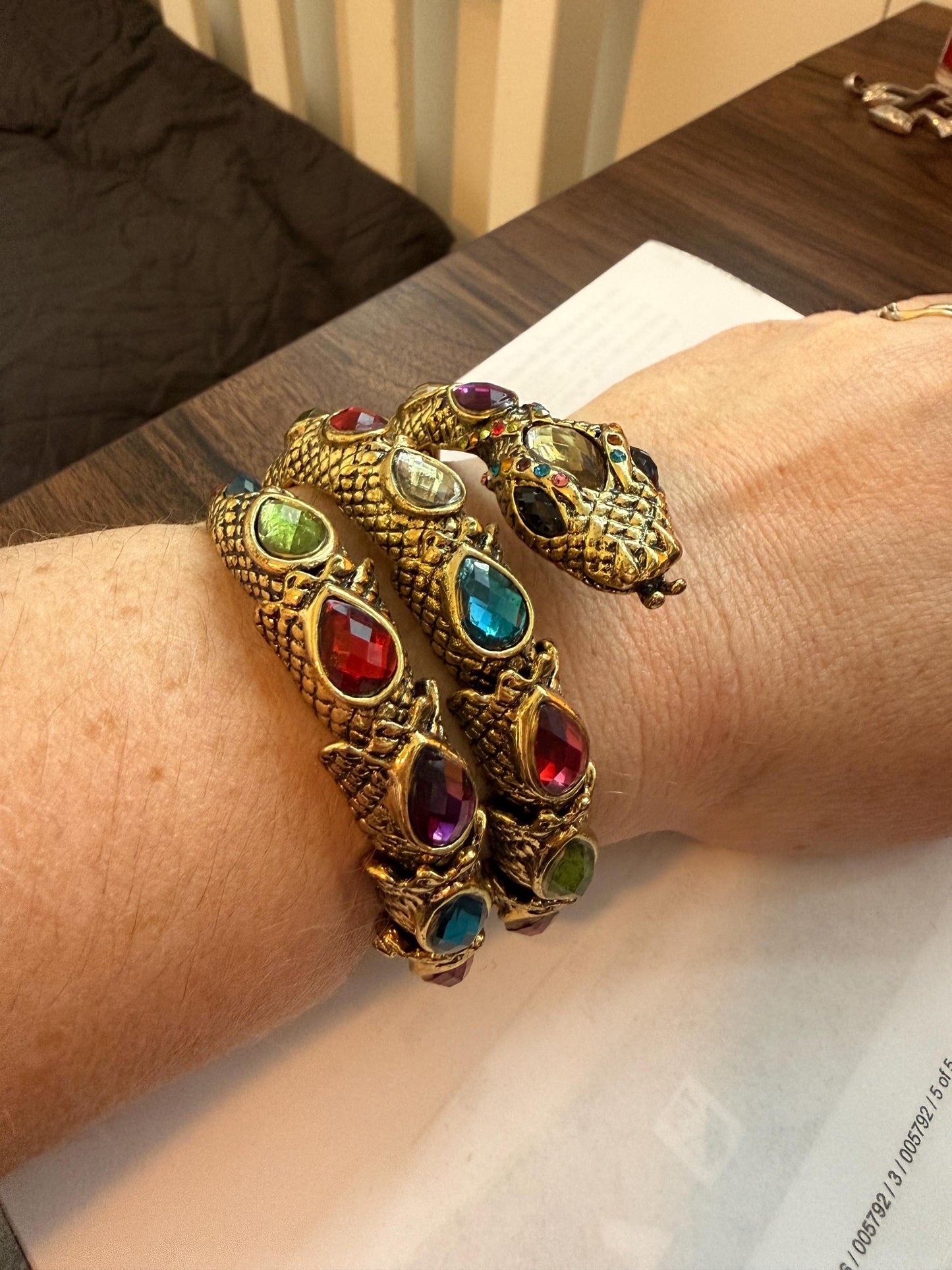 Vintage Gold Tone Dragon Coil Bracelet – Multicolour Crystal Serpent Wrap Bangle – Statement Costume Jewellery
