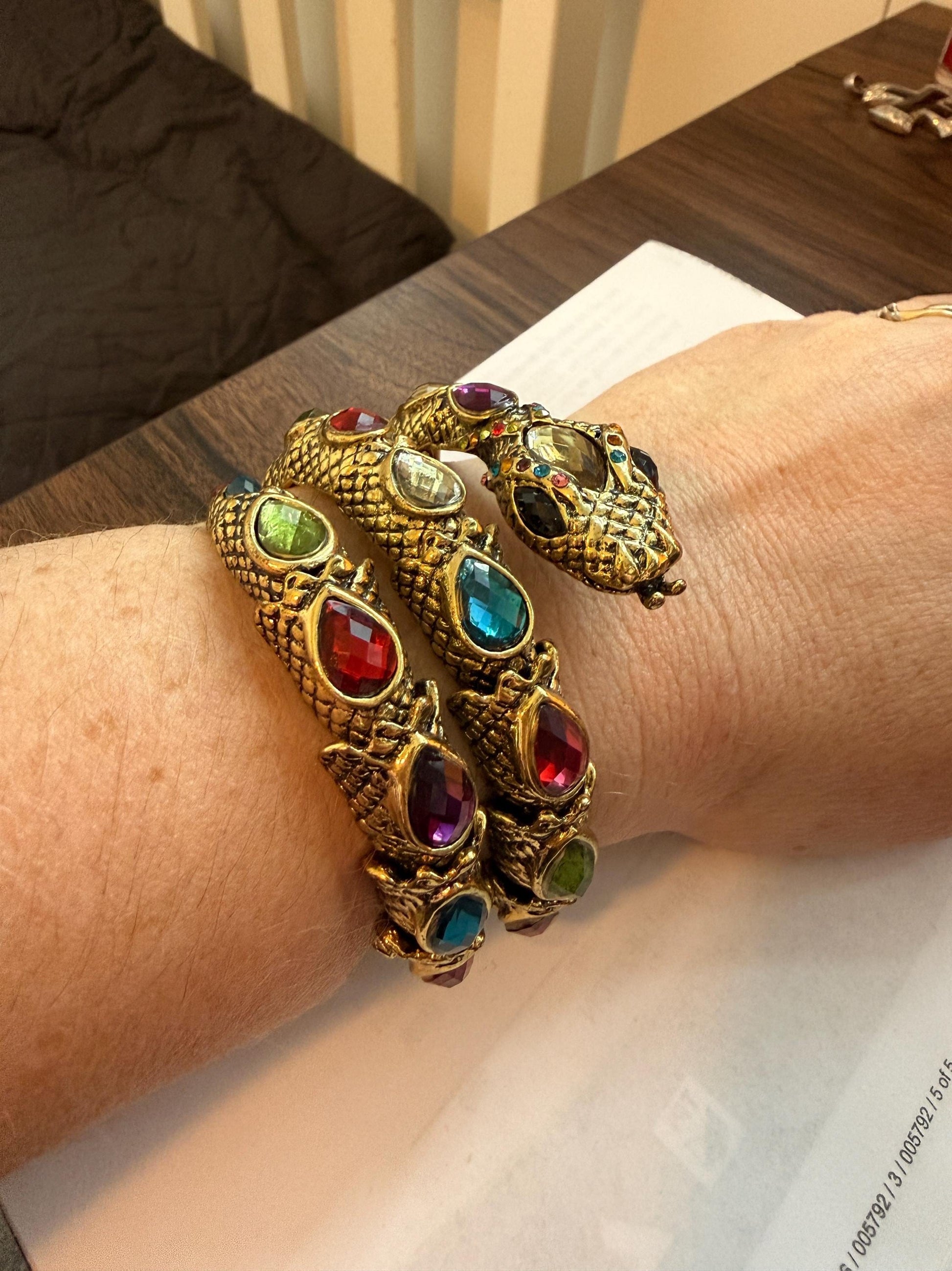 Vintage Gold Tone Dragon Coil Bracelet – Multicolour Crystal Serpent Wrap Bangle – Statement Costume Jewellery