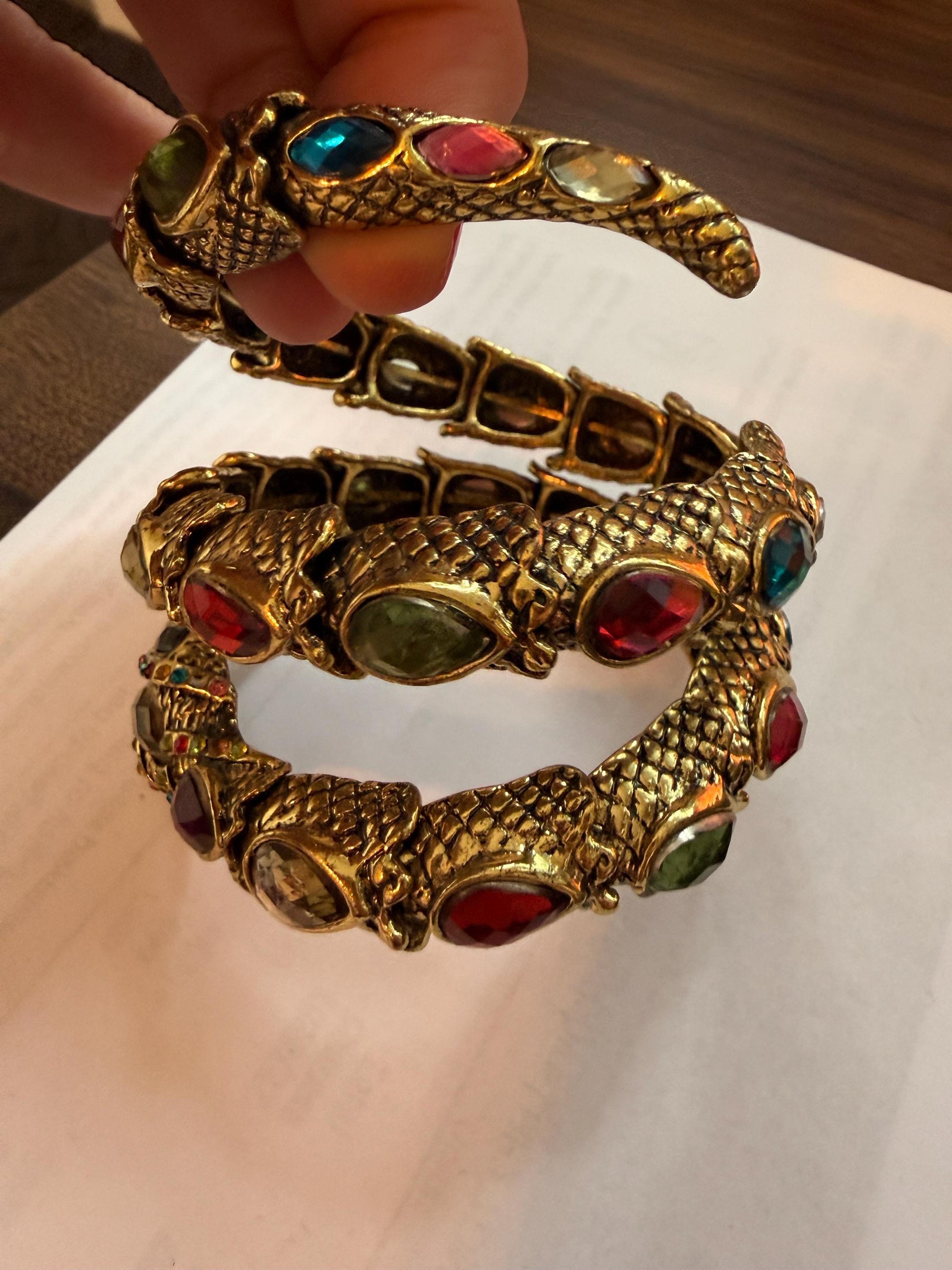Vintage Gold Tone Dragon Coil Bracelet – Multicolour Crystal Serpent Wrap Bangle – Statement Costume Jewellery
