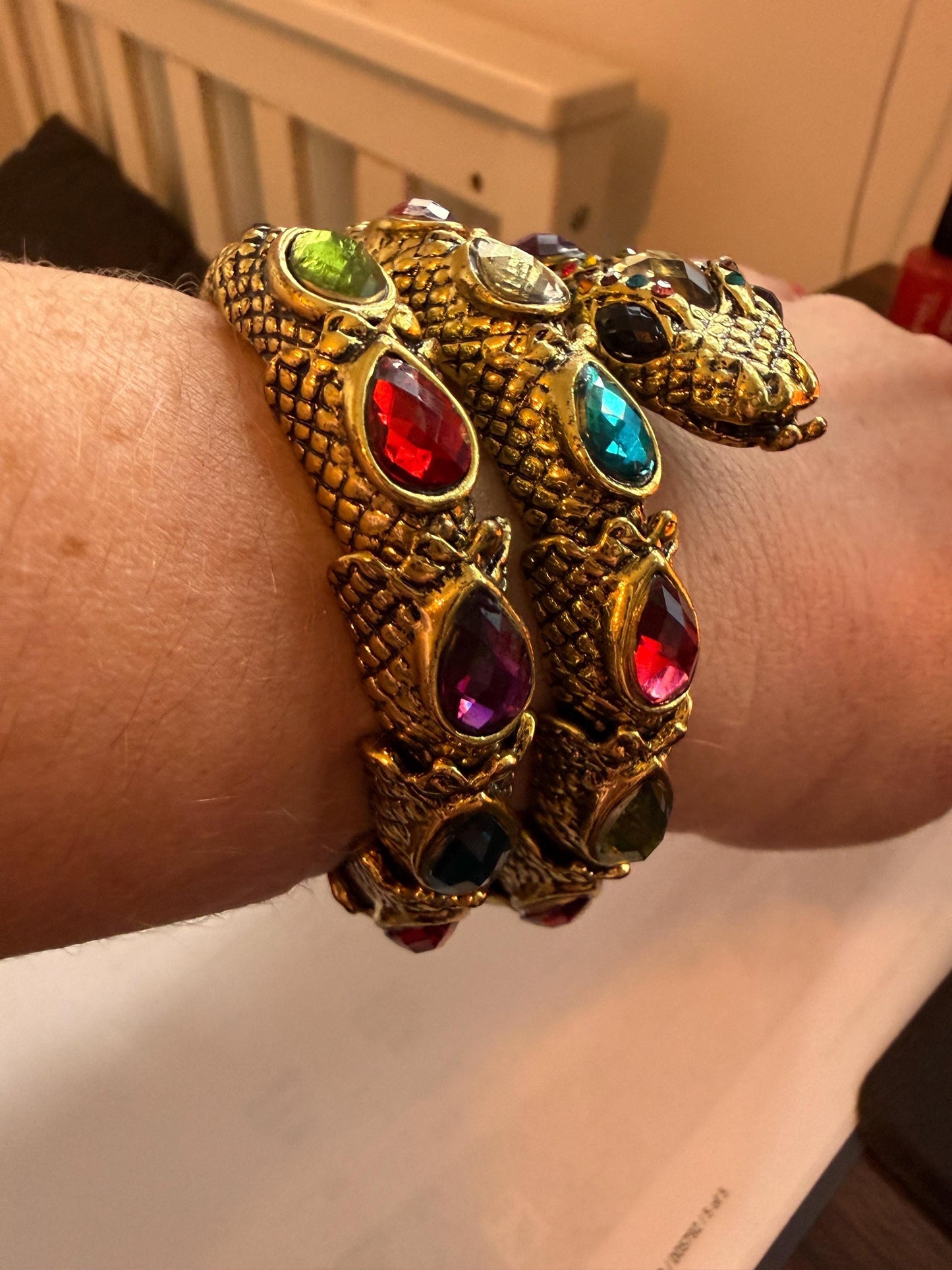 Vintage Gold Tone Dragon Coil Bracelet – Multicolour Crystal Serpent Wrap Bangle – Statement Costume Jewellery