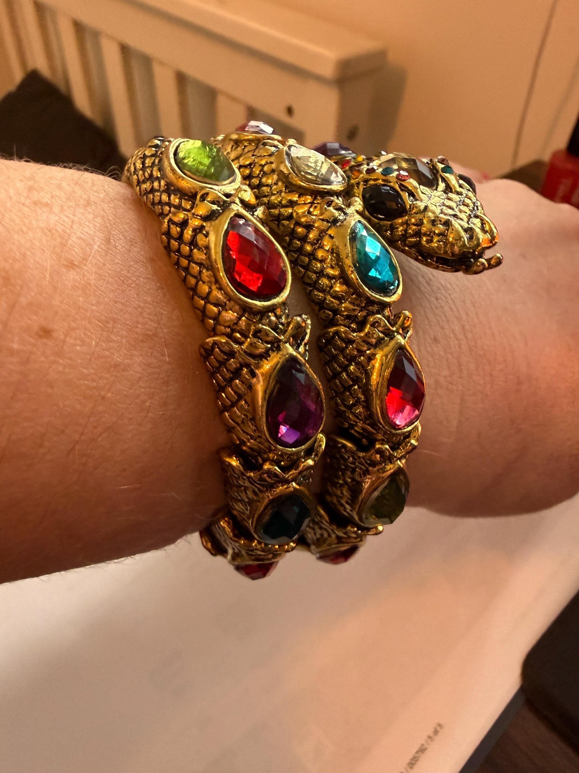 Vintage Gold Tone Dragon Coil Bracelet – Multicolour Crystal Serpent Wrap Bangle – Statement Costume Jewellery