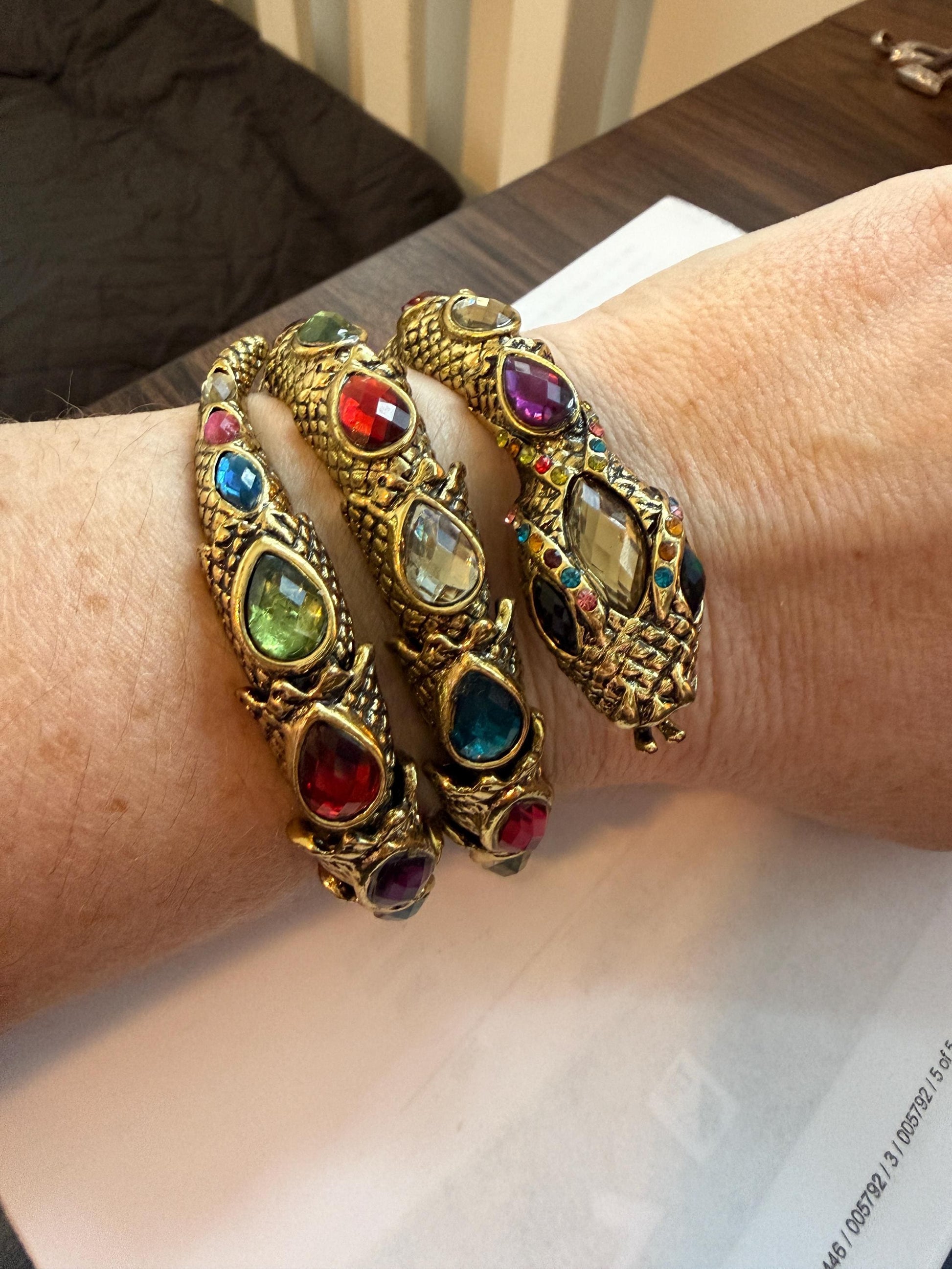 Vintage Gold Tone Dragon Coil Bracelet – Multicolour Crystal Serpent Wrap Bangle – Statement Costume Jewellery