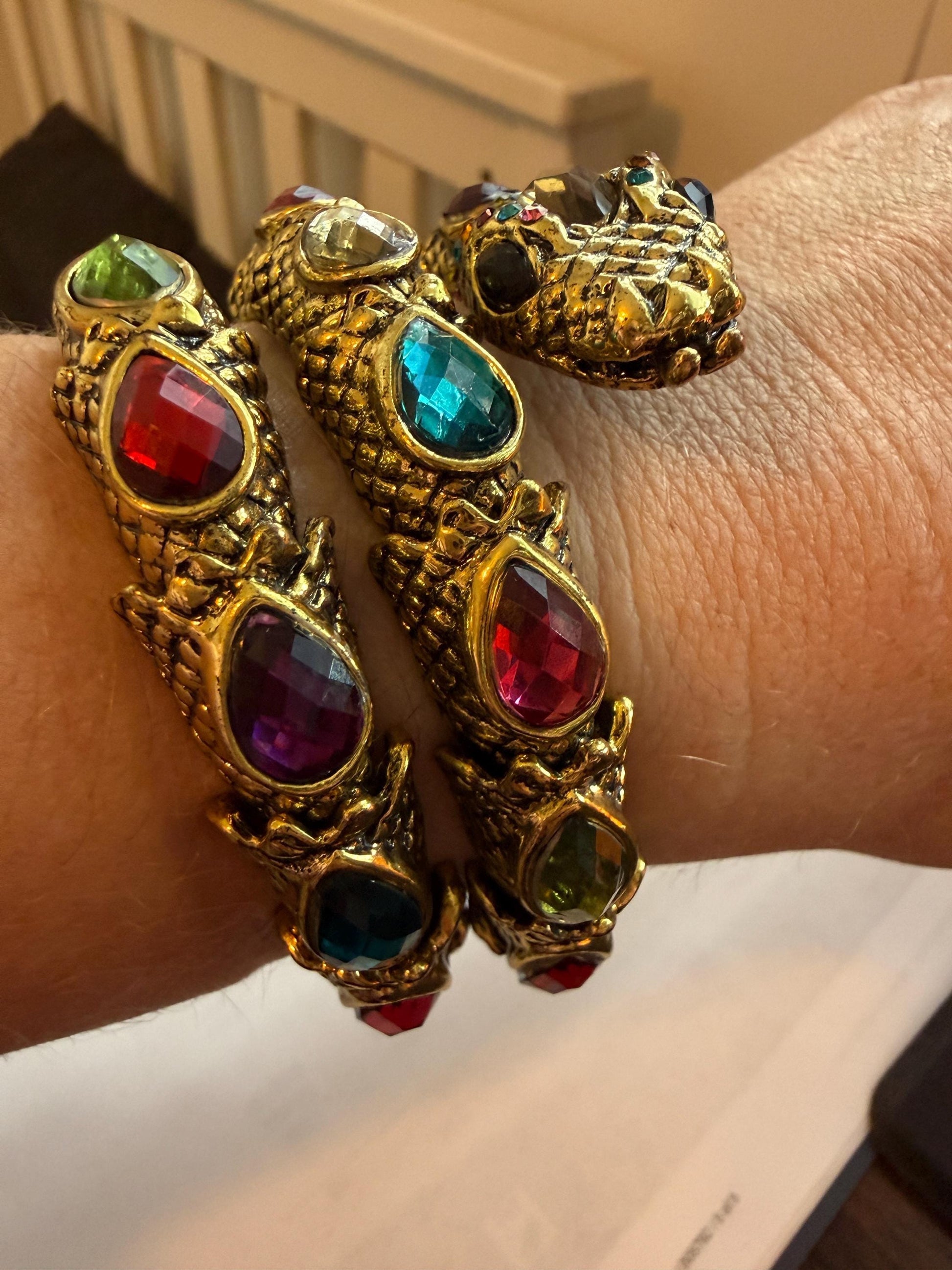 Vintage Gold Tone Dragon Coil Bracelet – Multicolour Crystal Serpent Wrap Bangle – Statement Costume Jewellery
