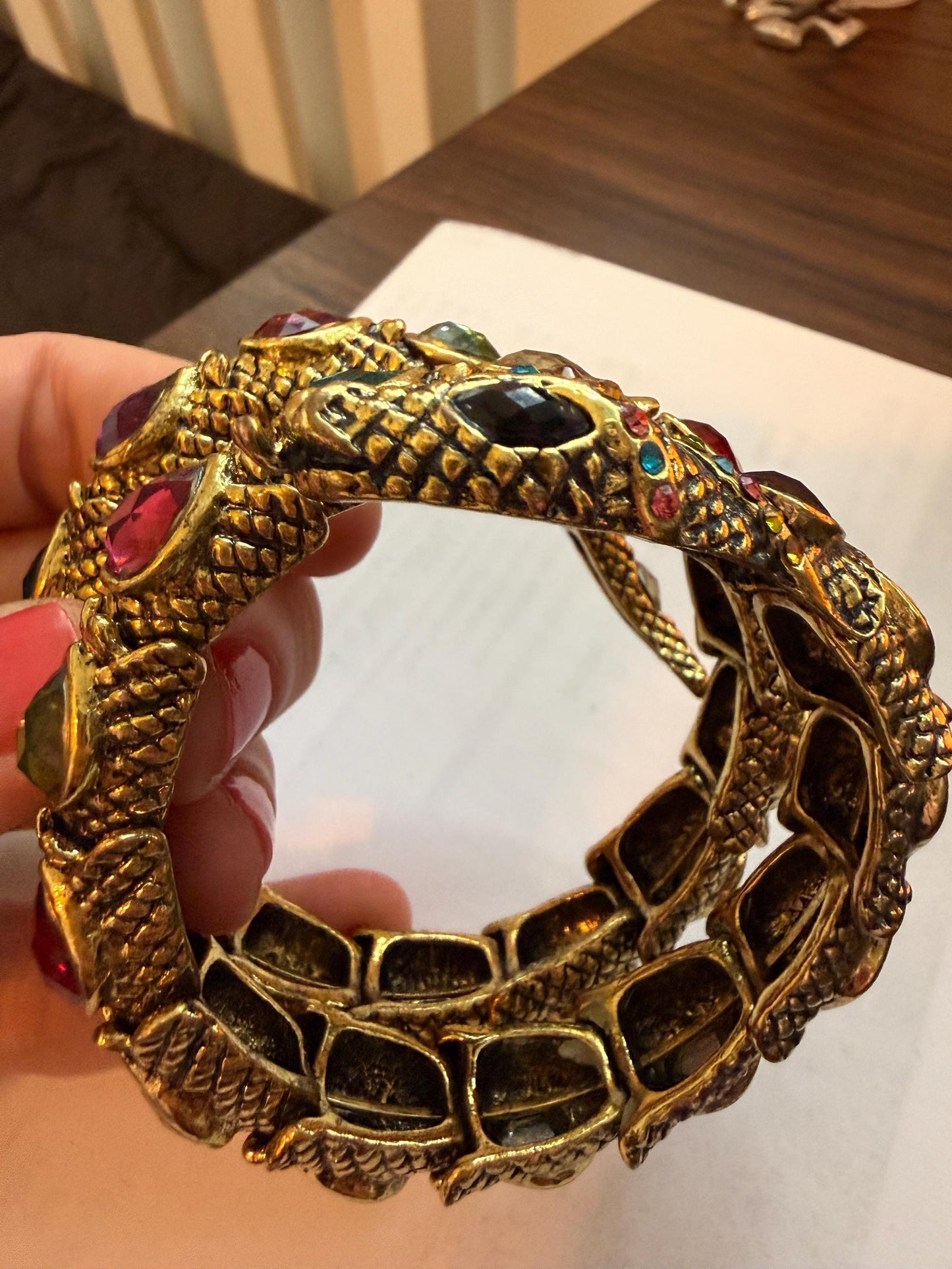 Vintage Gold Tone Dragon Coil Bracelet – Multicolour Crystal Serpent Wrap Bangle – Statement Costume Jewellery
