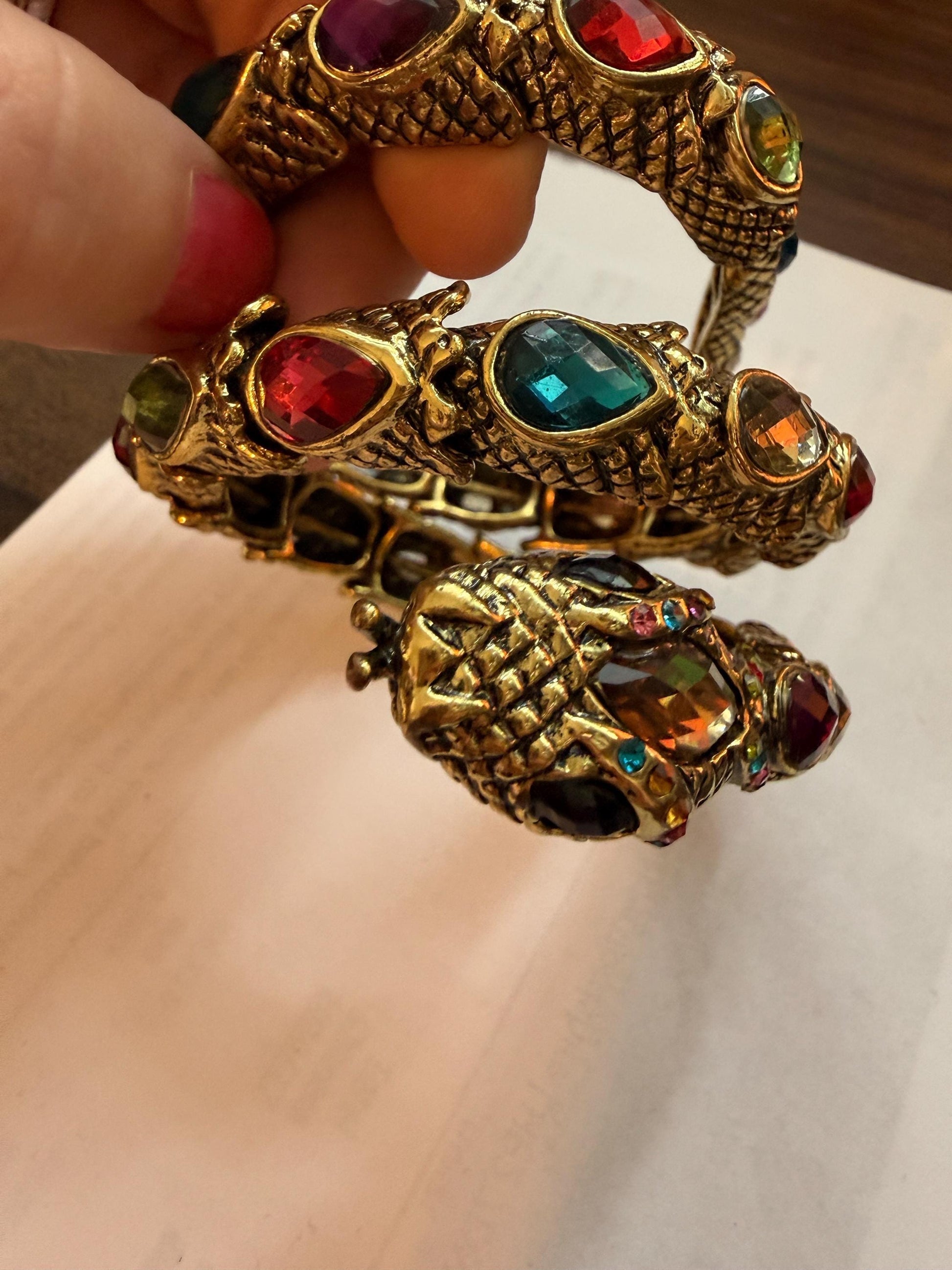 Vintage Gold Tone Dragon Coil Bracelet – Multicolour Crystal Serpent Wrap Bangle – Statement Costume Jewellery