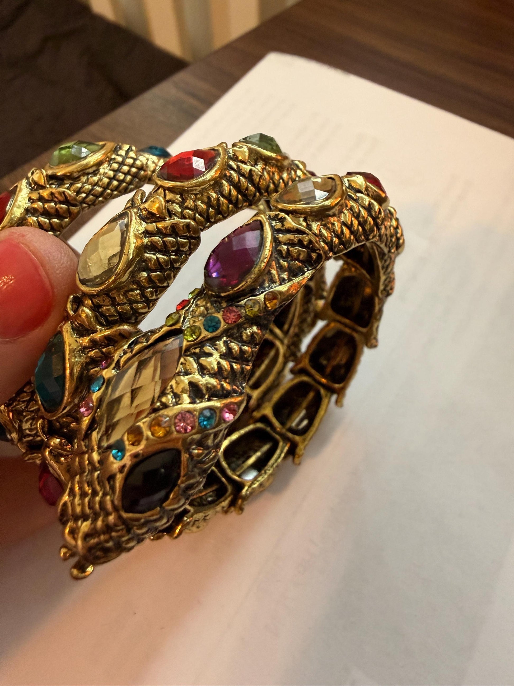 Vintage Gold Tone Dragon Coil Bracelet – Multicolour Crystal Serpent Wrap Bangle – Statement Costume Jewellery