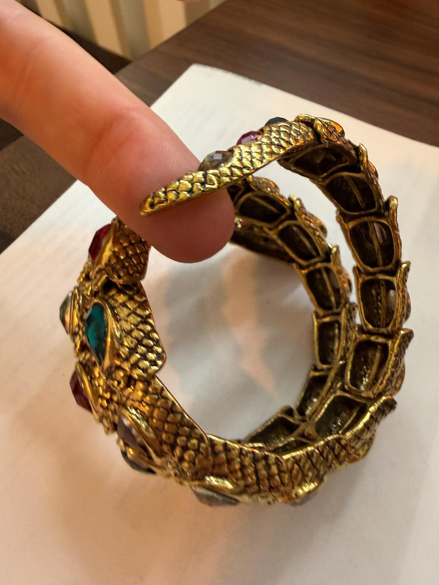 Vintage Gold Tone Dragon Coil Bracelet – Multicolour Crystal Serpent Wrap Bangle – Statement Costume Jewellery