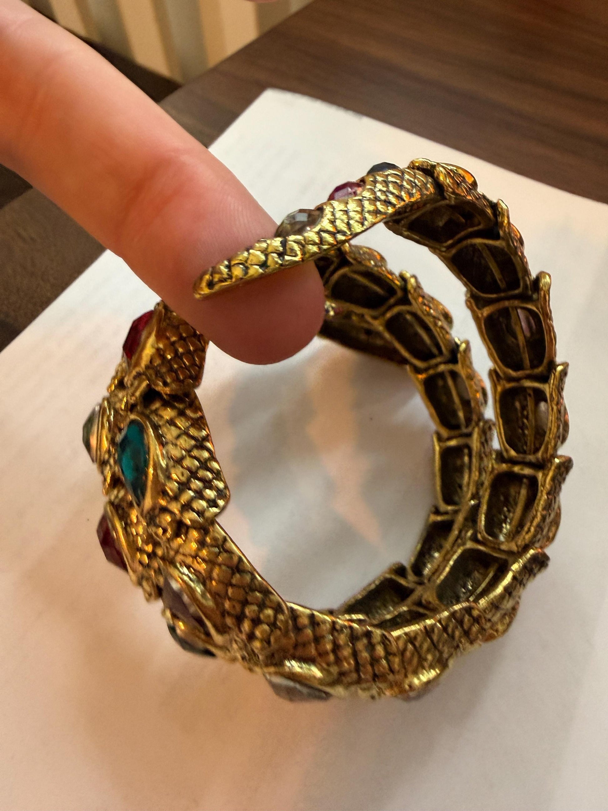Vintage Gold Tone Dragon Coil Bracelet – Multicolour Crystal Serpent Wrap Bangle – Statement Costume Jewellery