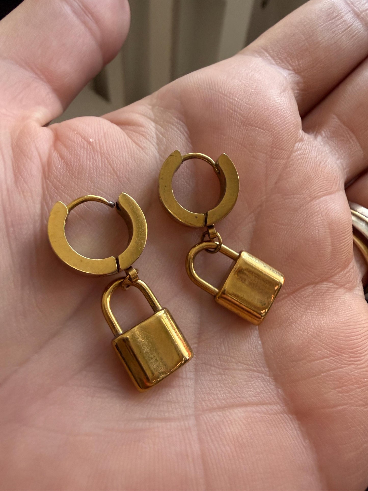 Vintage Gold Tone Padlock Drop Hoop Earrings – Chunky Hinged Hoops – 1980s/1990s Statement Jewellery