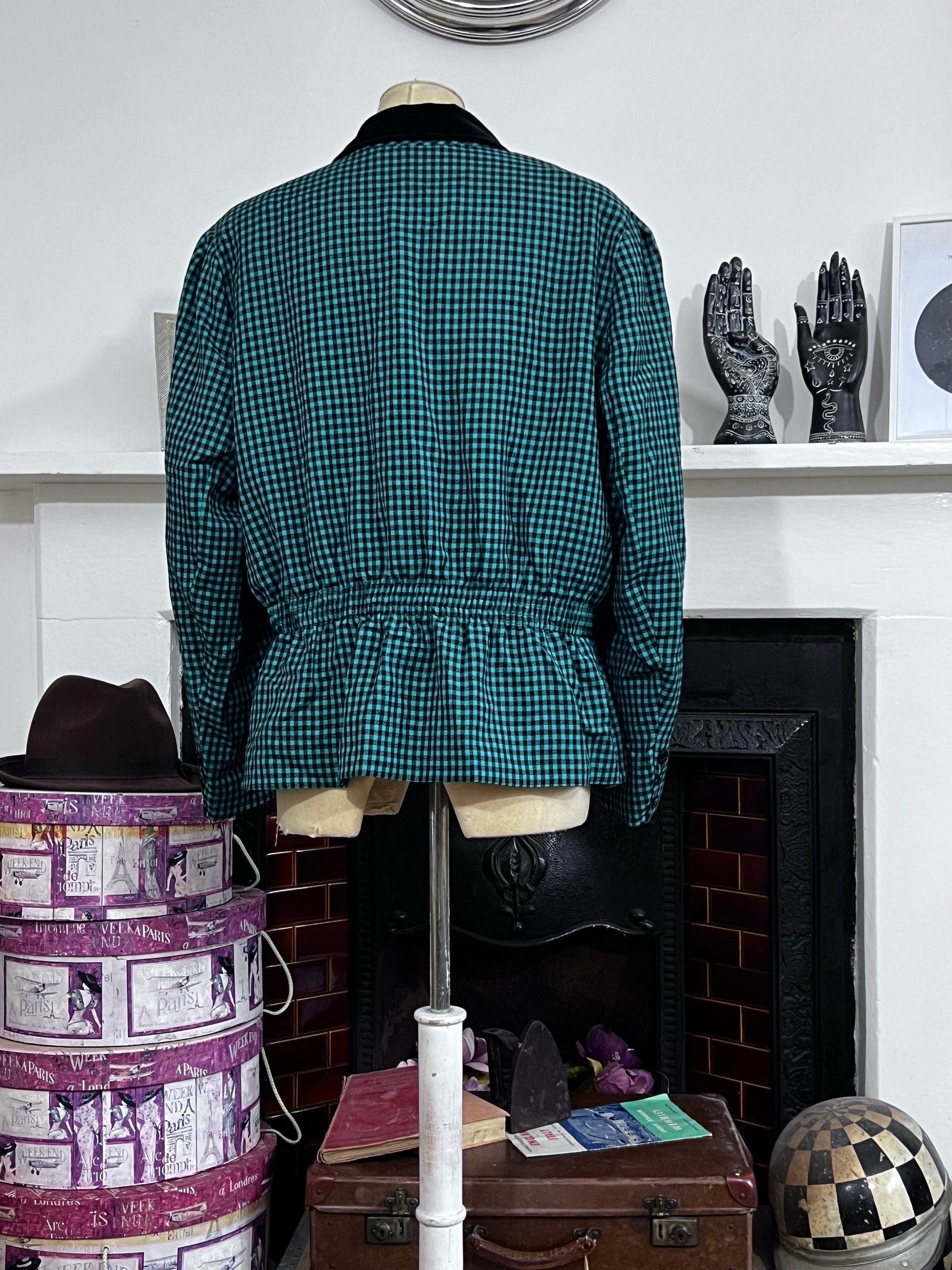 Vintage Green Black checked Peplum Blazer Green Black Checked Vintage Blazer Jacket, Vintage Jaeger Blazer, Vintage UK18 Velvet Collar