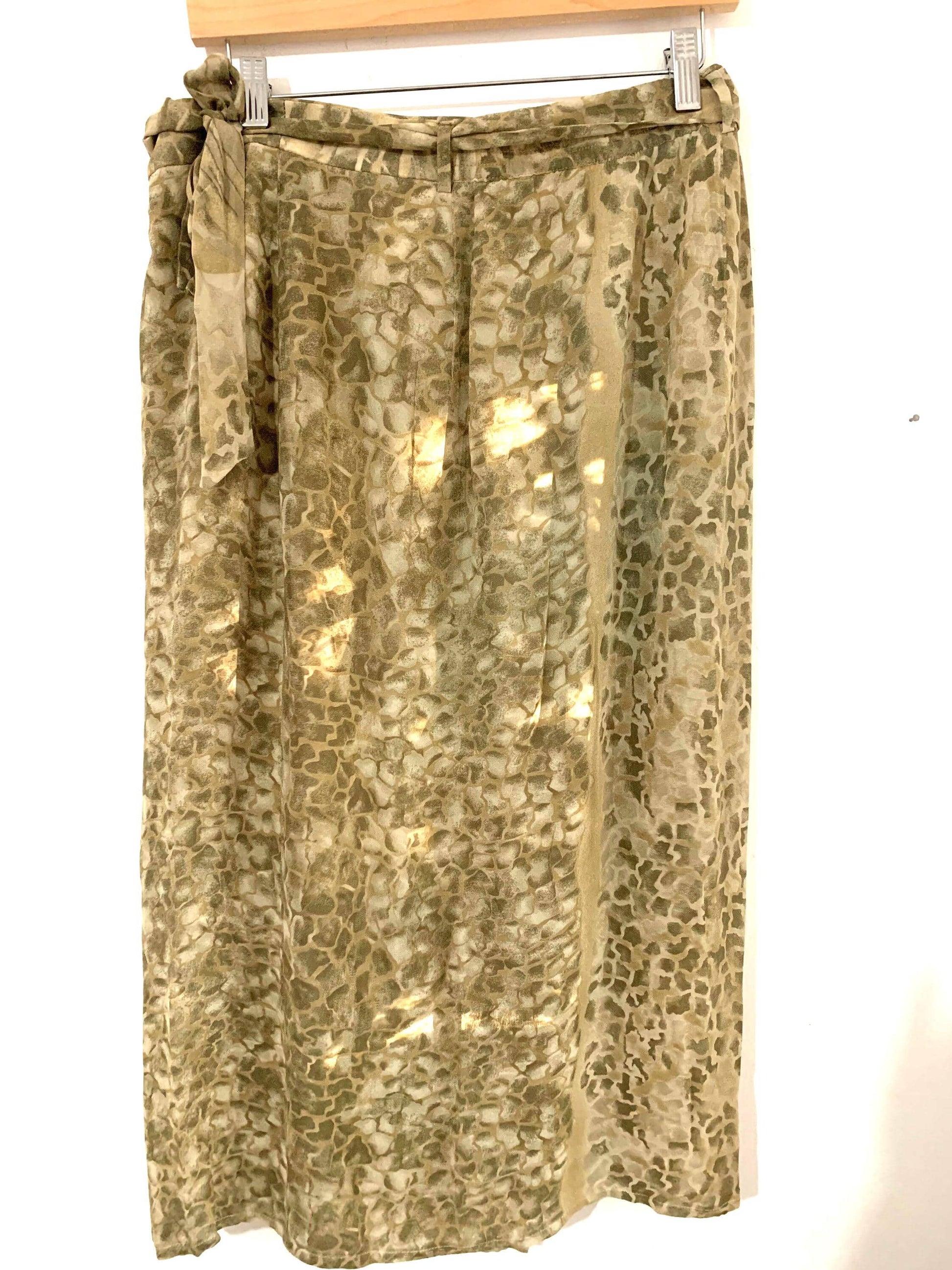 Vintage Green Chiffon Floral Leaf Pattern Skirt Midi Length green Floral Belt UK 12/14