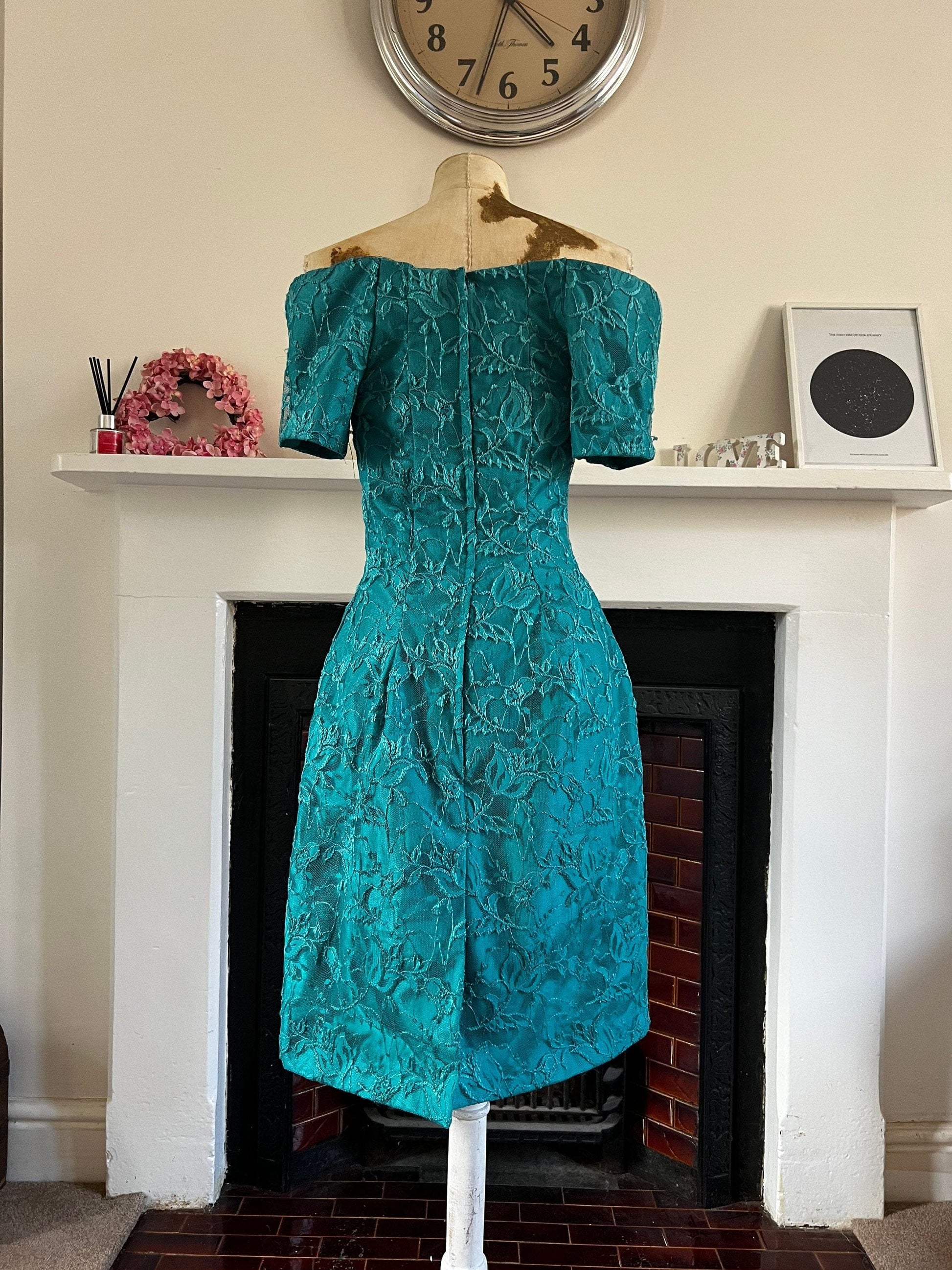 Vintage Green Dress Mini Lace over layer Shift  Dress knee length Blue Green Sheen UK Size 12