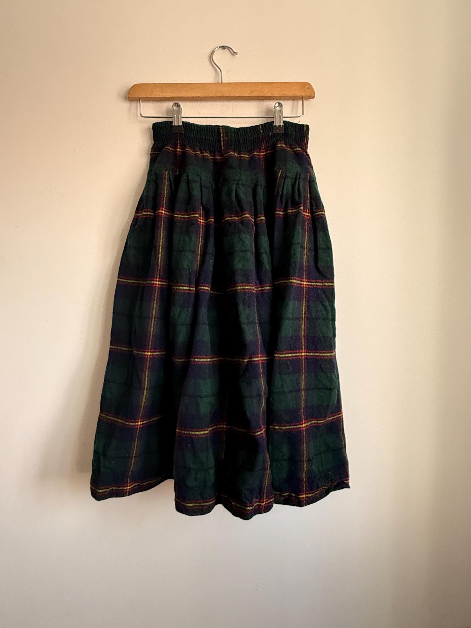 Vintage Green Tartan Wool Blend Midi Skirt | Elastic Waist | Country Cottagecore | UK 8-12