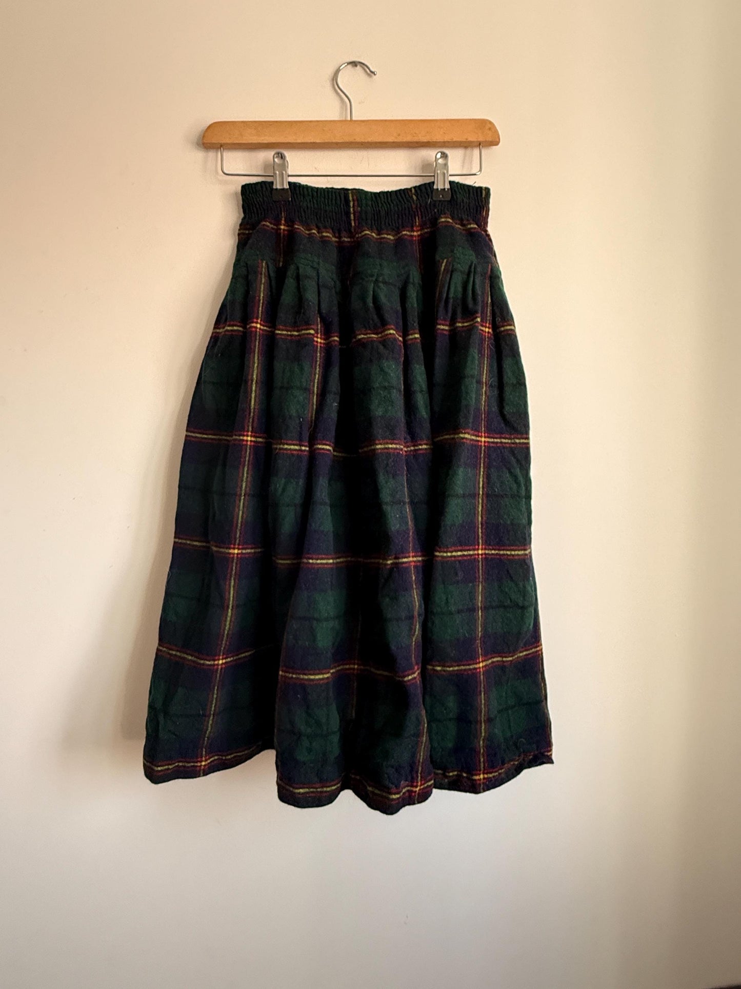 Vintage Green Tartan Wool Blend Midi Skirt | Elastic Waist | Country Cottagecore | UK 8-12