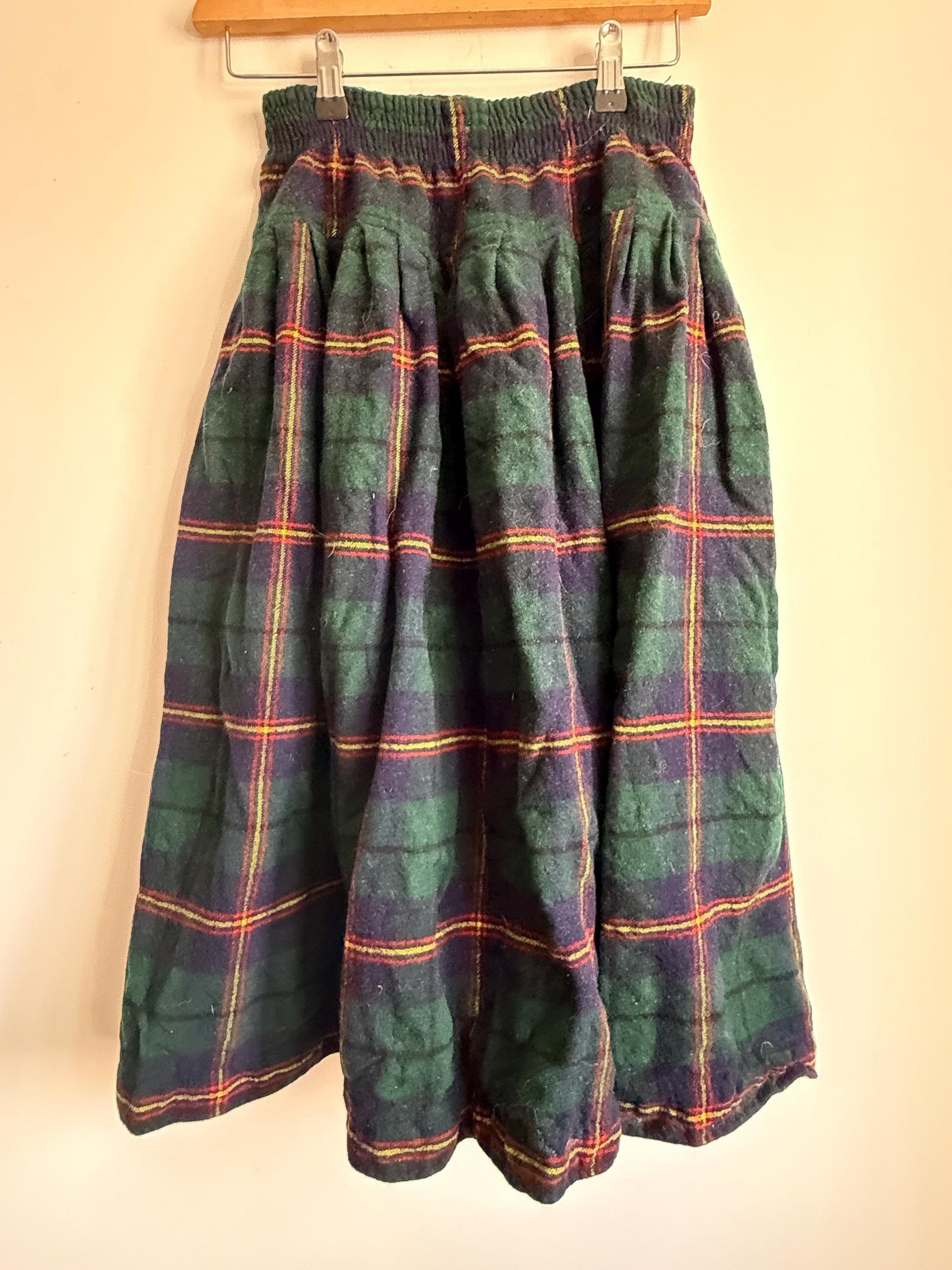 Vintage Green Tartan Wool Blend Midi Skirt | Elastic Waist | Country Cottagecore | UK 8-12