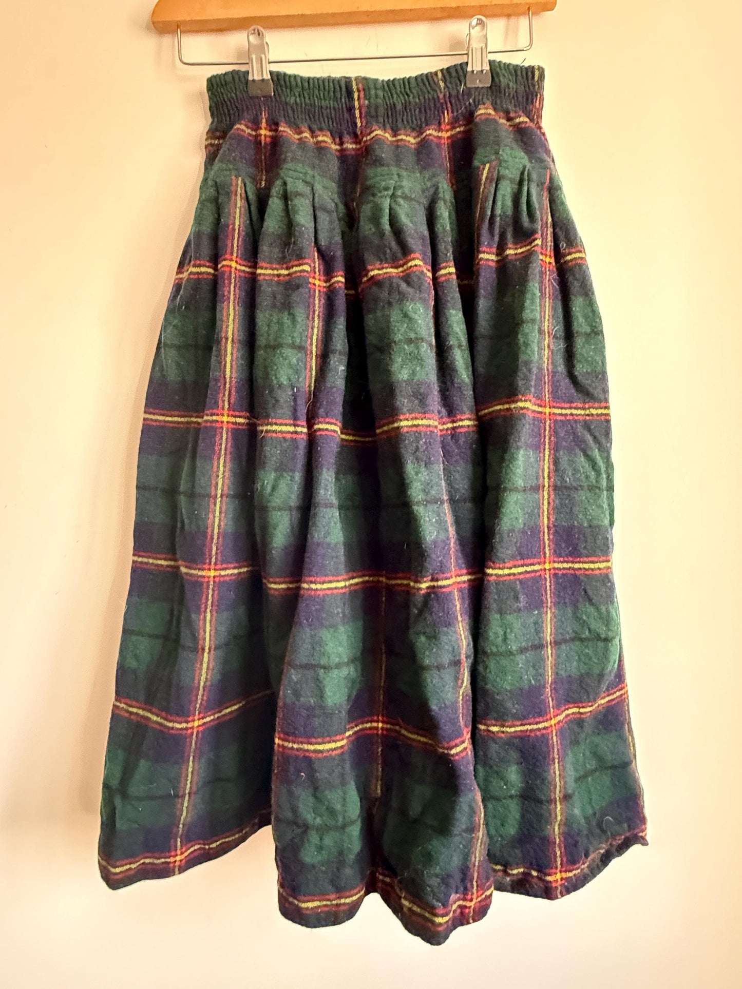Vintage Green Tartan Wool Blend Midi Skirt | Elastic Waist | Country Cottagecore | UK 8-12