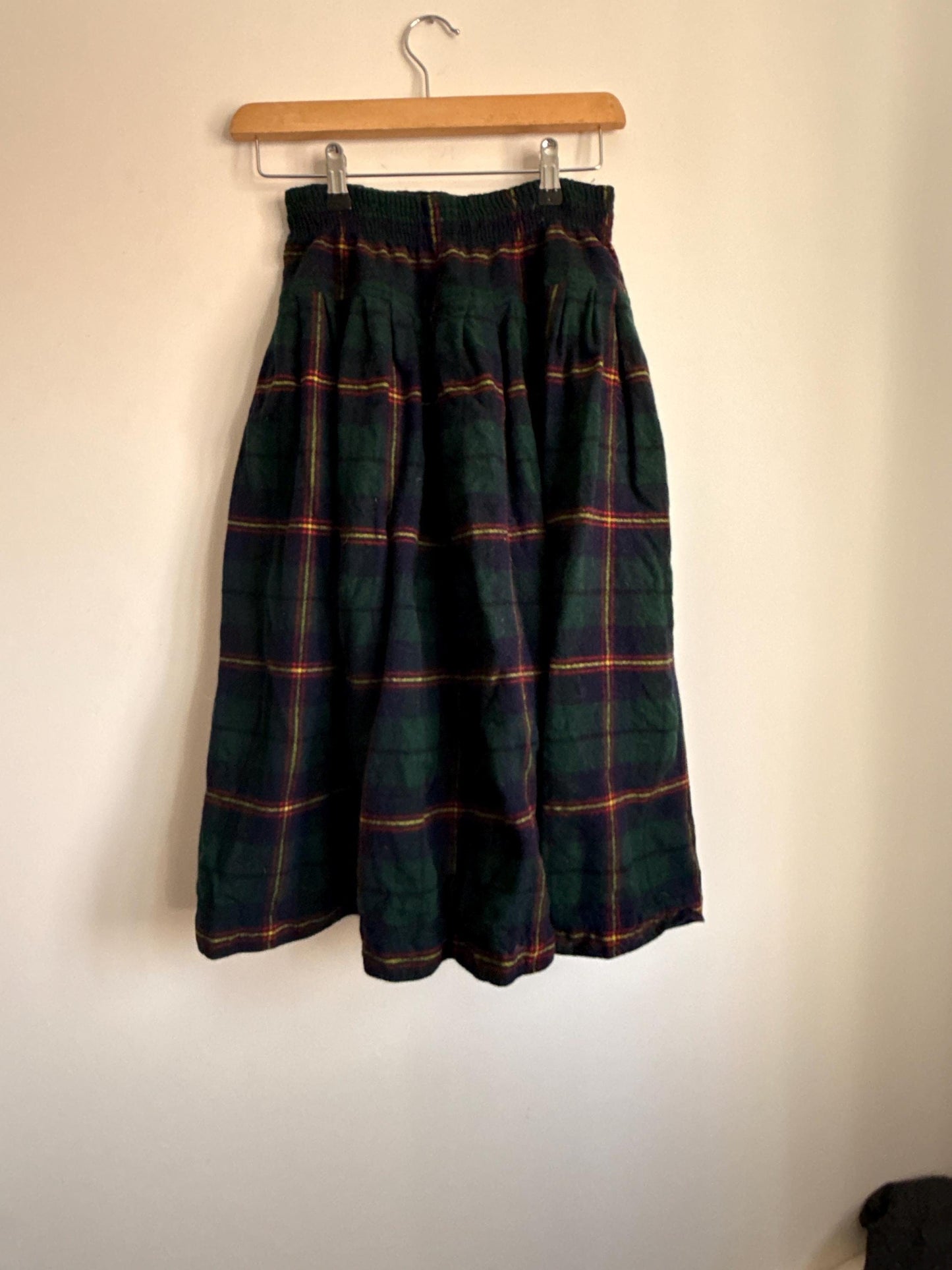 Vintage Green Tartan Wool Blend Midi Skirt | Elastic Waist | Country Cottagecore | UK 8-12