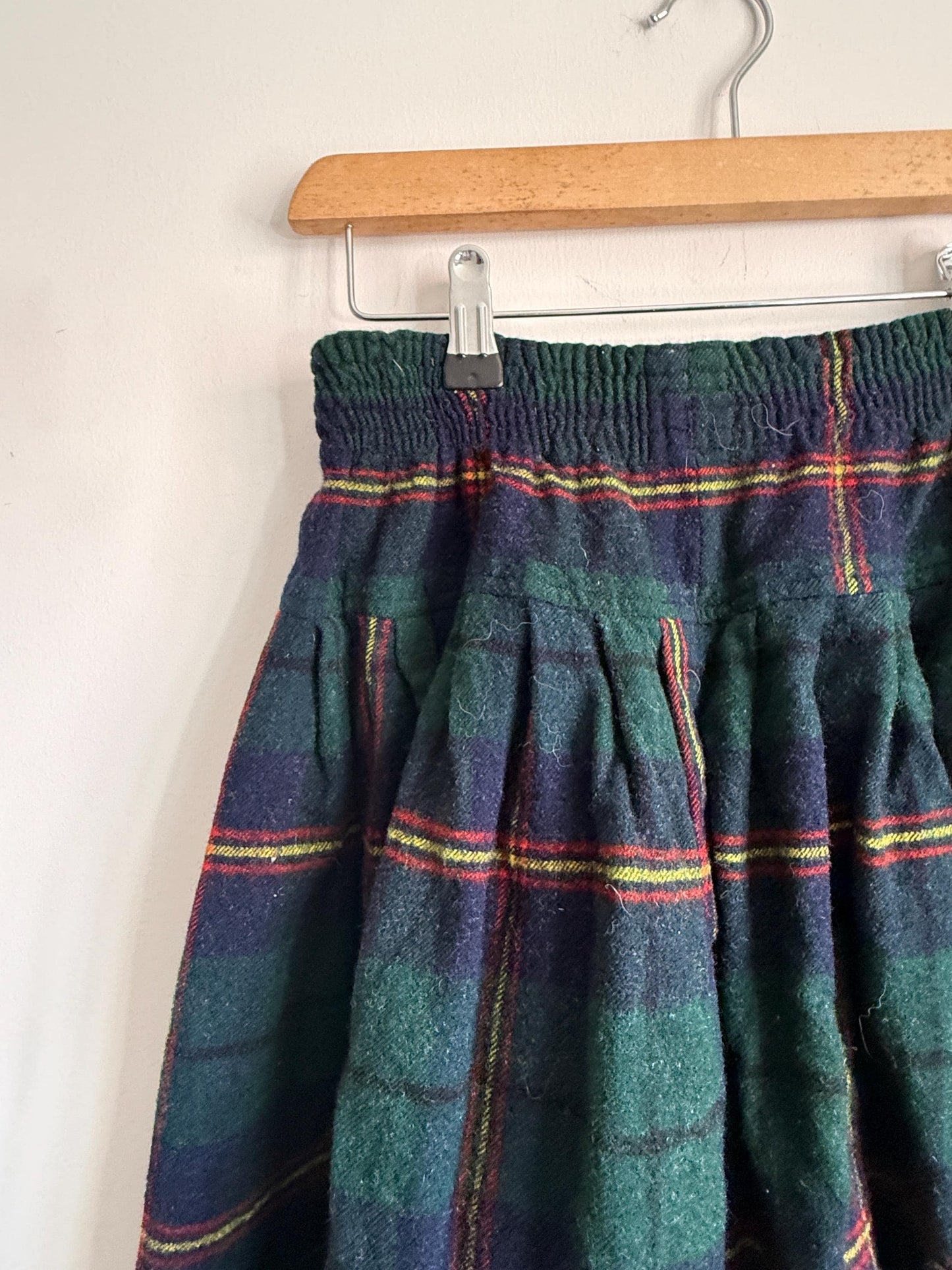 Vintage Green Tartan Wool Blend Midi Skirt | Elastic Waist | Country Cottagecore | UK 8-12