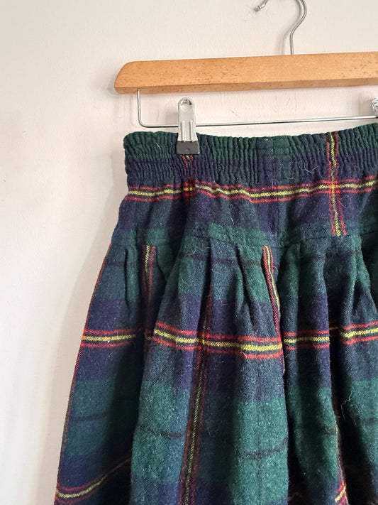 Vintage Green Tartan Wool Blend Midi Skirt | Elastic Waist | Country Cottagecore | UK 8-12