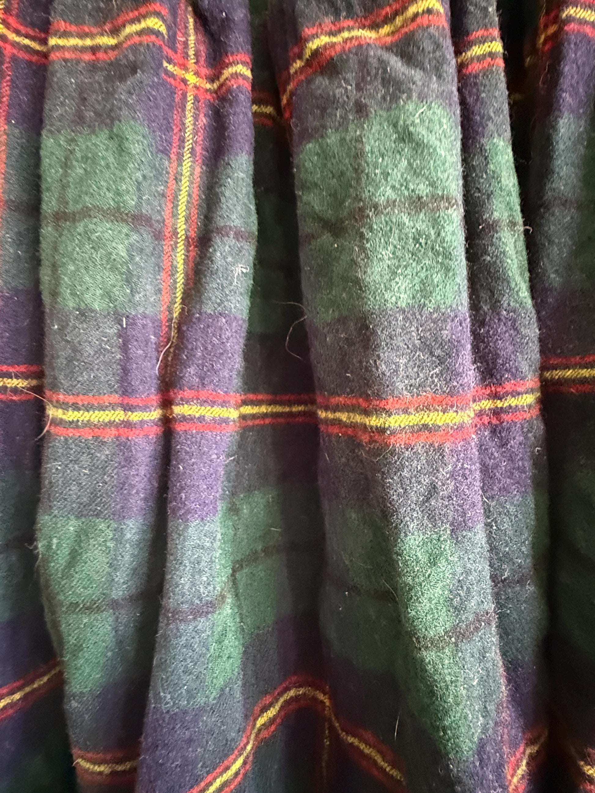 Vintage Green Tartan Wool Blend Midi Skirt | Elastic Waist | Country Cottagecore | UK 8-12