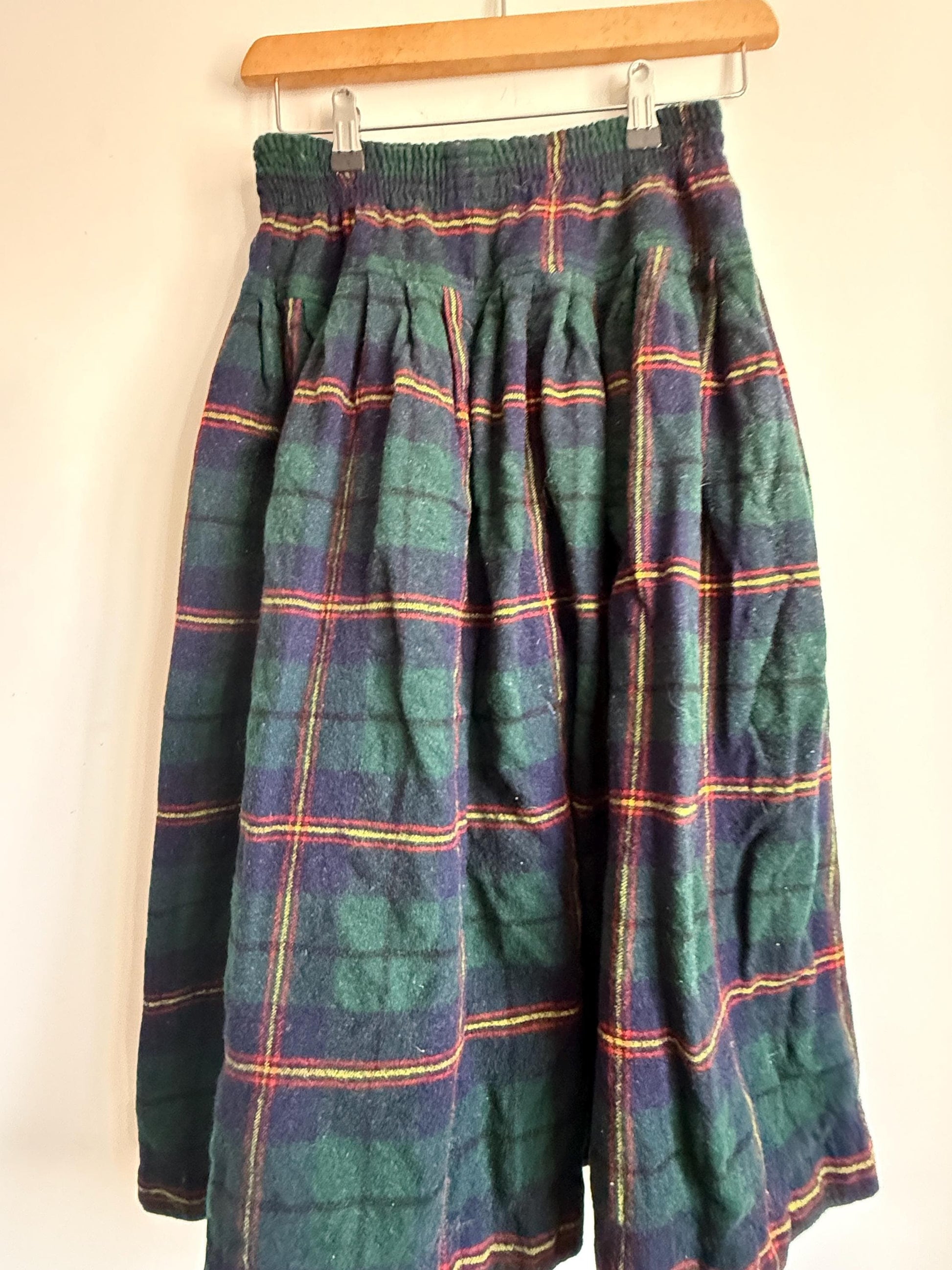 Vintage Green Tartan Wool Blend Midi Skirt | Elastic Waist | Country Cottagecore | UK 8-12