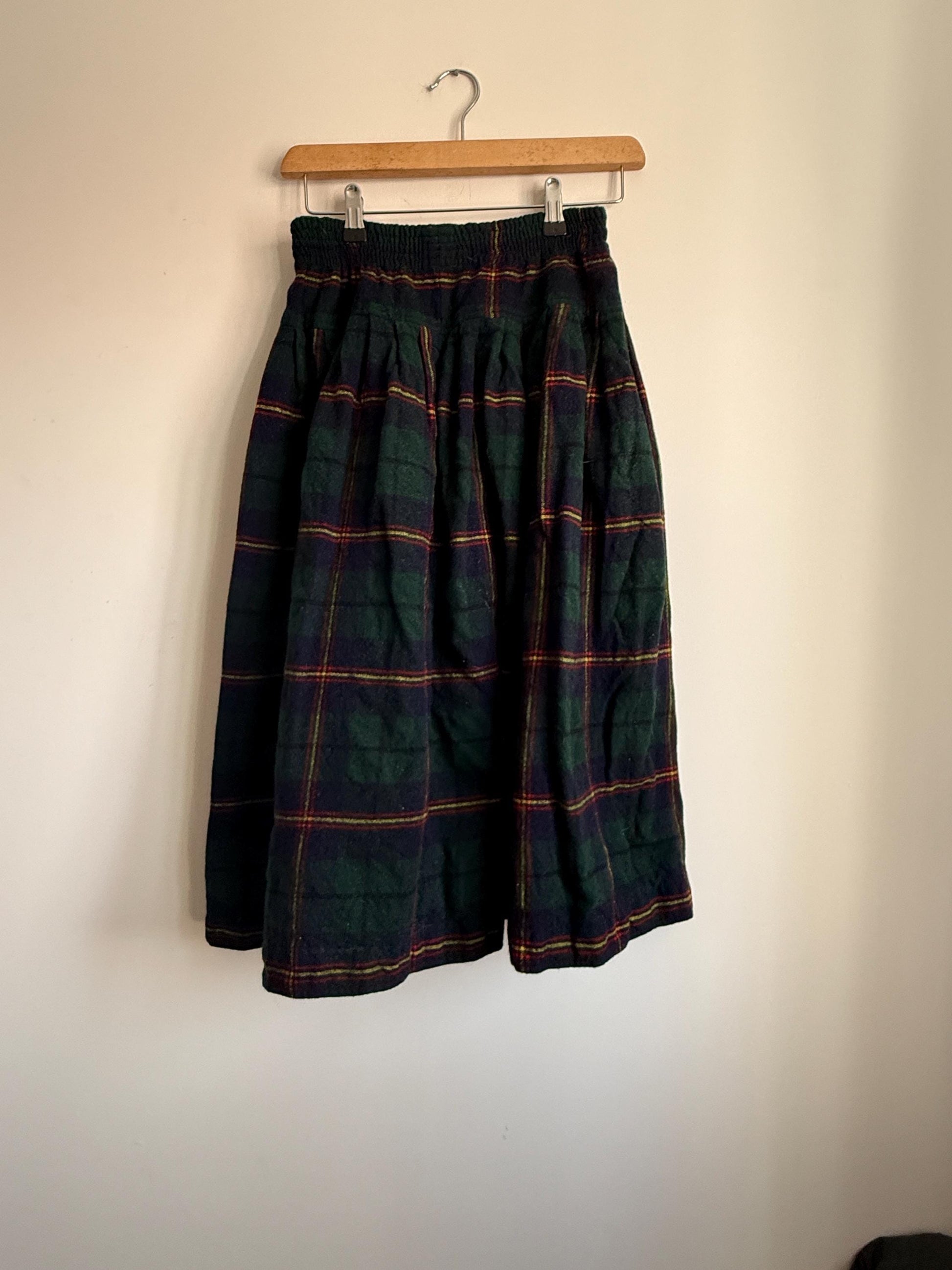 Vintage Green Tartan Wool Blend Midi Skirt | Elastic Waist | Country Cottagecore | UK 8-12