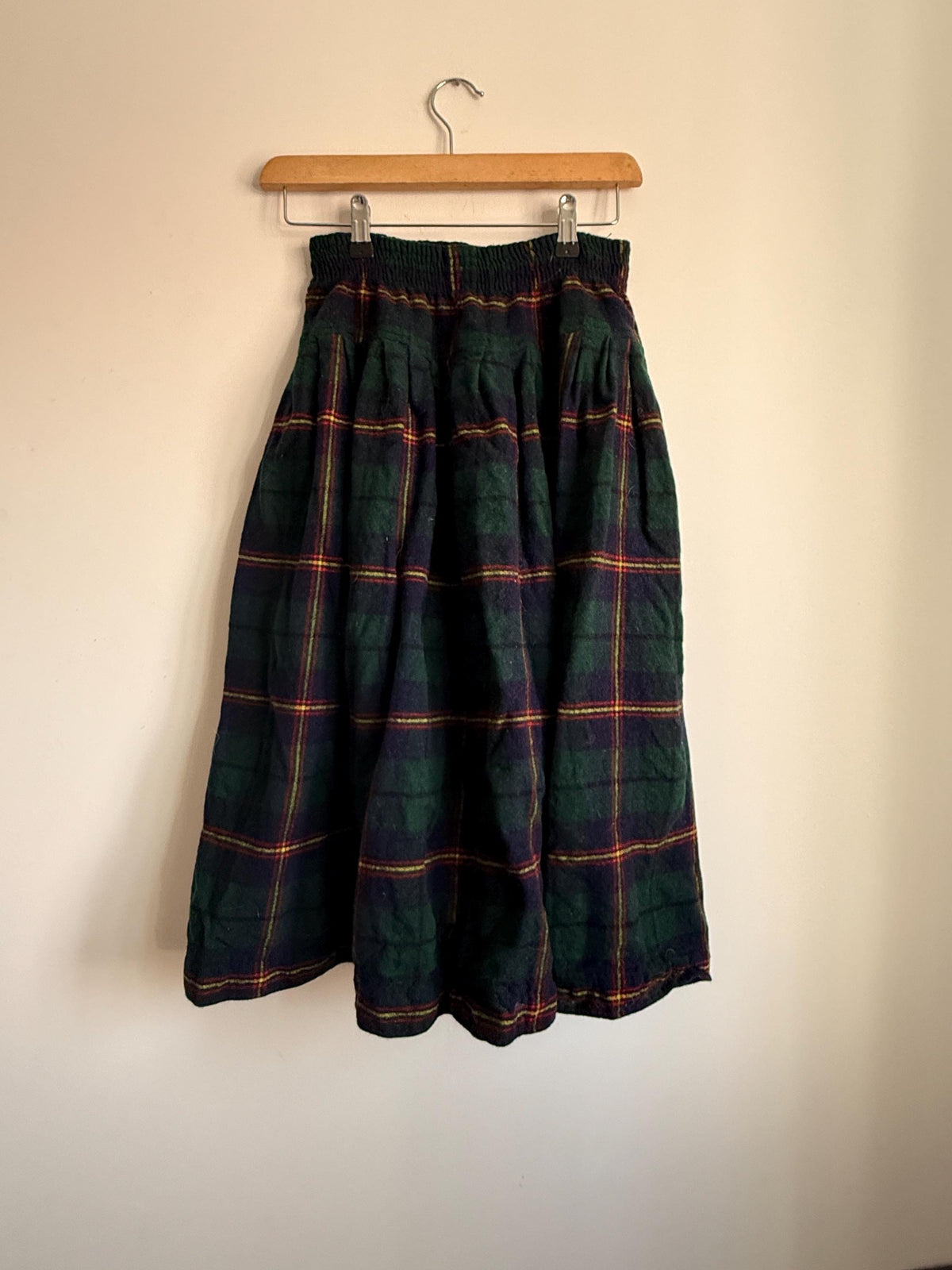 Vintage Green Tartan Wool Blend Midi Skirt | Elastic Waist | Country Cottagecore | UK 8-12