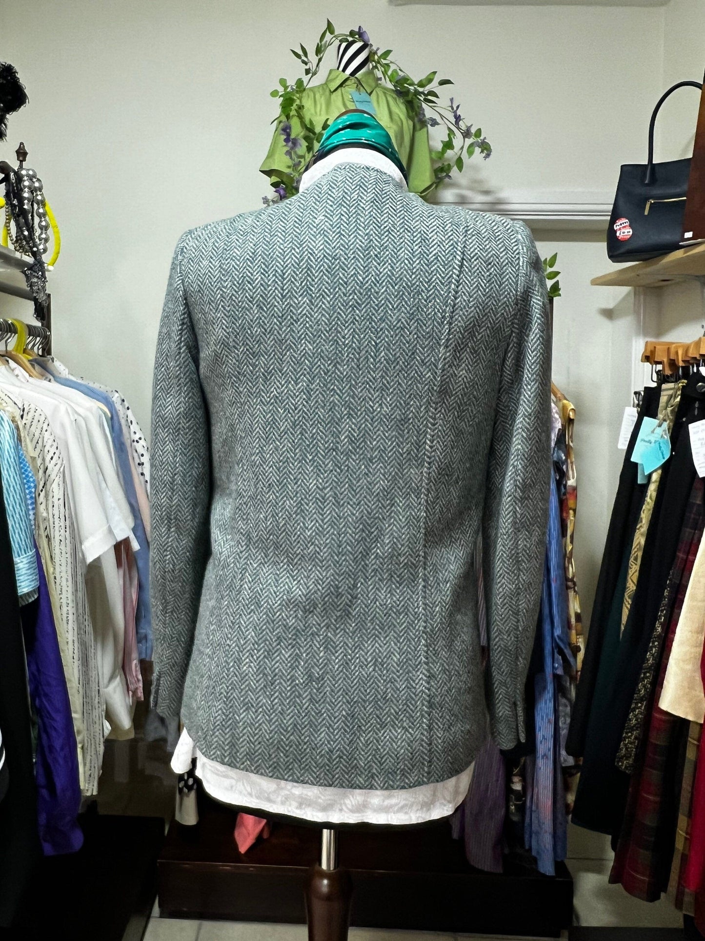 Vintage Green Tweed Blazer Collarless Double Breasted Jacket - Country Casuals