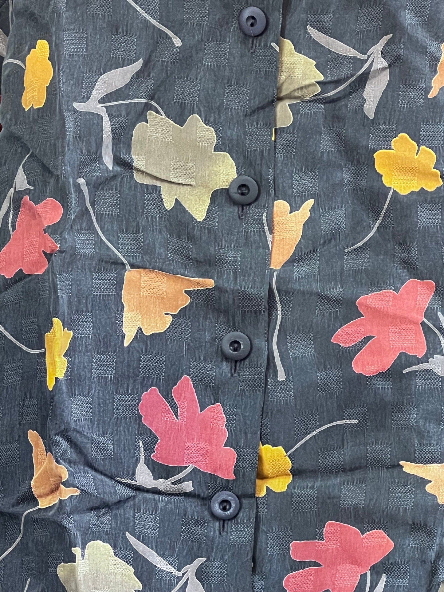 Vintage grey leaf pattern, Silk Blouse - long Sleeve oversized autumn leaf pattern silk vintage shirt, vintage blouse, vintage top, shirt