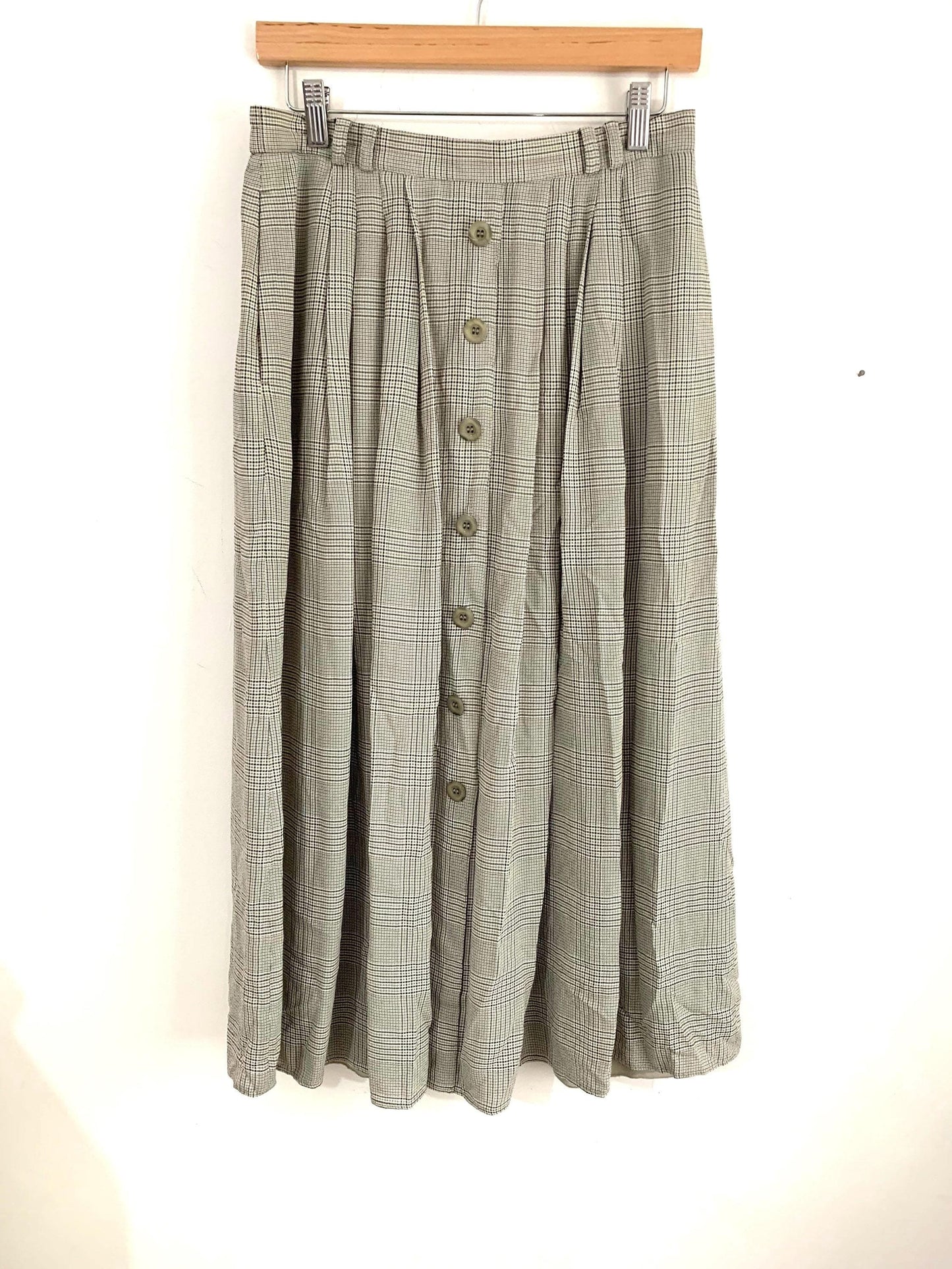 Vintage Gardeur Skirt Midi Length Grey Green Checked UK 12/14 With pockets