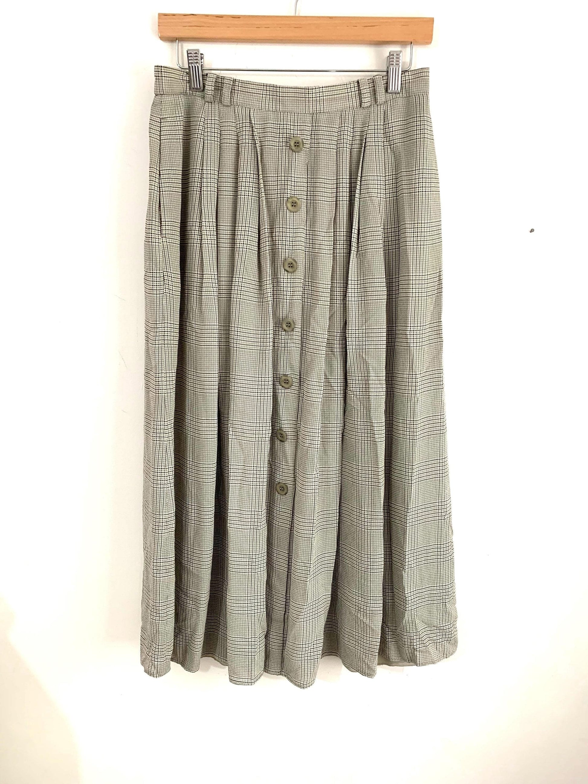 Vintage Gardeur Skirt Midi Length Grey Green Checked UK 12/14 With pockets